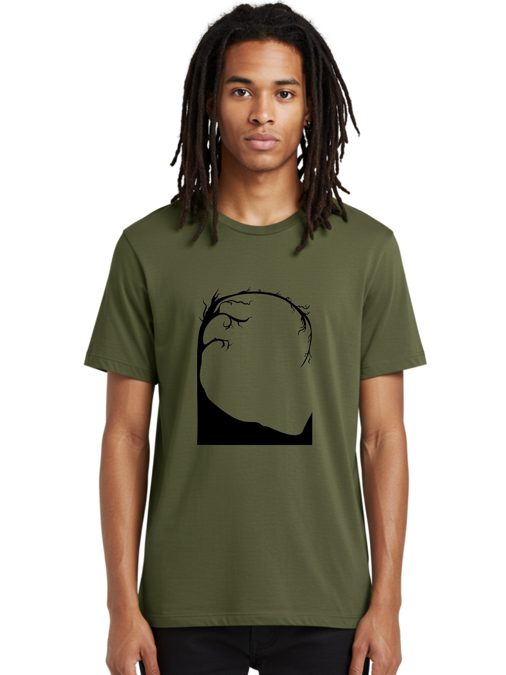 A-Tree-Silhouette Men'S Graphic Tee, 100% Cotton, Comfortable Casual Summer Wear, Machine Washable, Twisted Tree Branches, Bare Tree Silhouette, Abstract Tree Design, Minimalist Art, Black Tree On Green, Surreal Landscape, Eerie Atmosphere Aab190