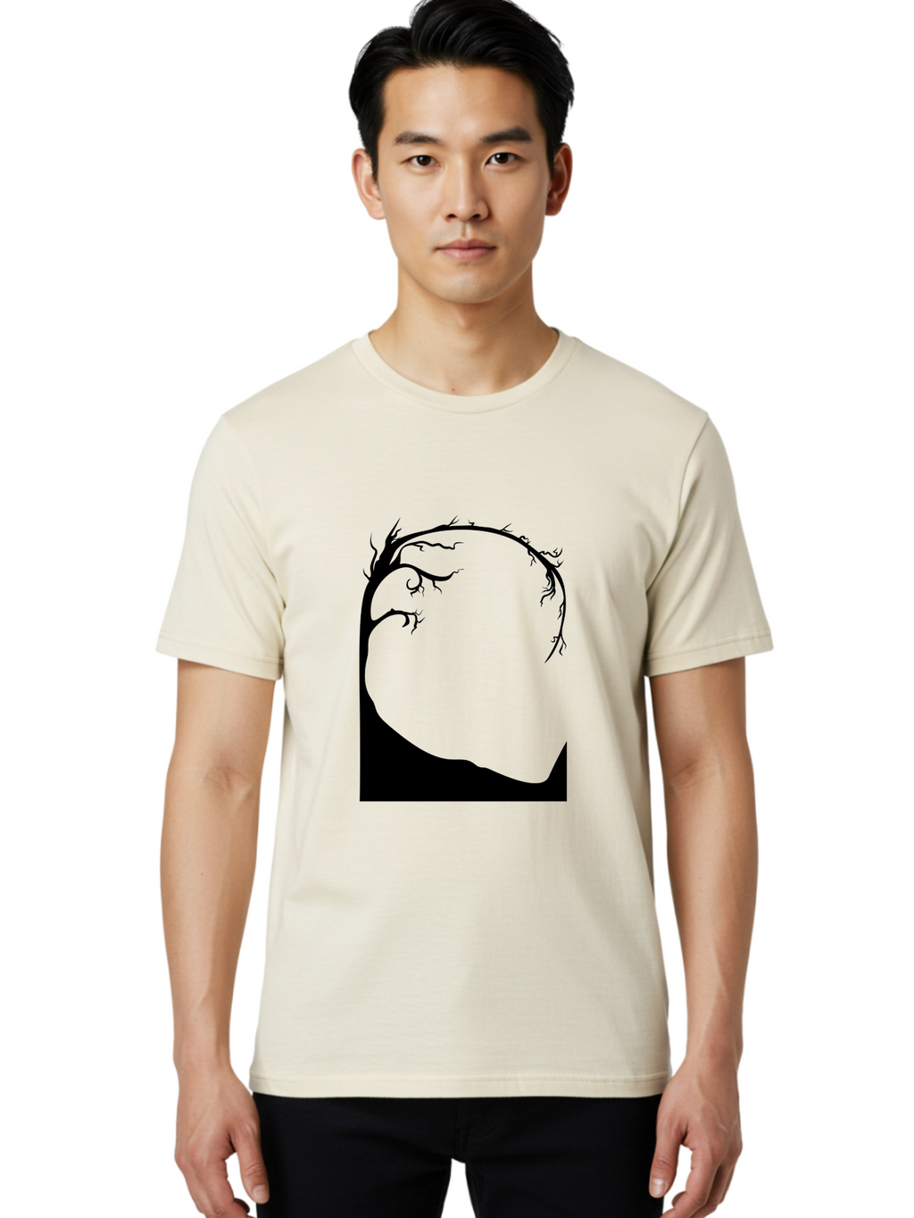 A-Tree-Silhouette Men'S Graphic Tee, 100% Cotton, Comfortable Casual Summer Wear, Machine Washable, Twisted Tree Branches, Bare Tree Silhouette, Abstract Tree Design, Minimalist Art, Black Tree On Green, Surreal Landscape, Eerie Atmosphere Aab190