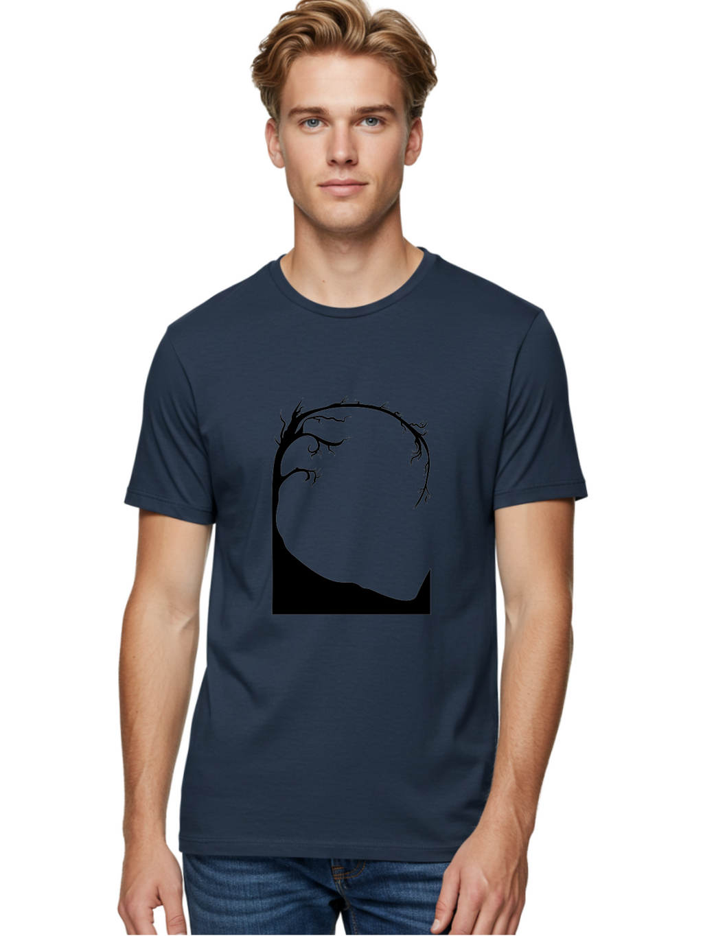 A-Tree-Silhouette Men'S Graphic Tee, 100% Cotton, Comfortable Casual Summer Wear, Machine Washable, Twisted Tree Branches, Bare Tree Silhouette, Abstract Tree Design, Minimalist Art, Black Tree On Green, Surreal Landscape, Eerie Atmosphere Aab190
