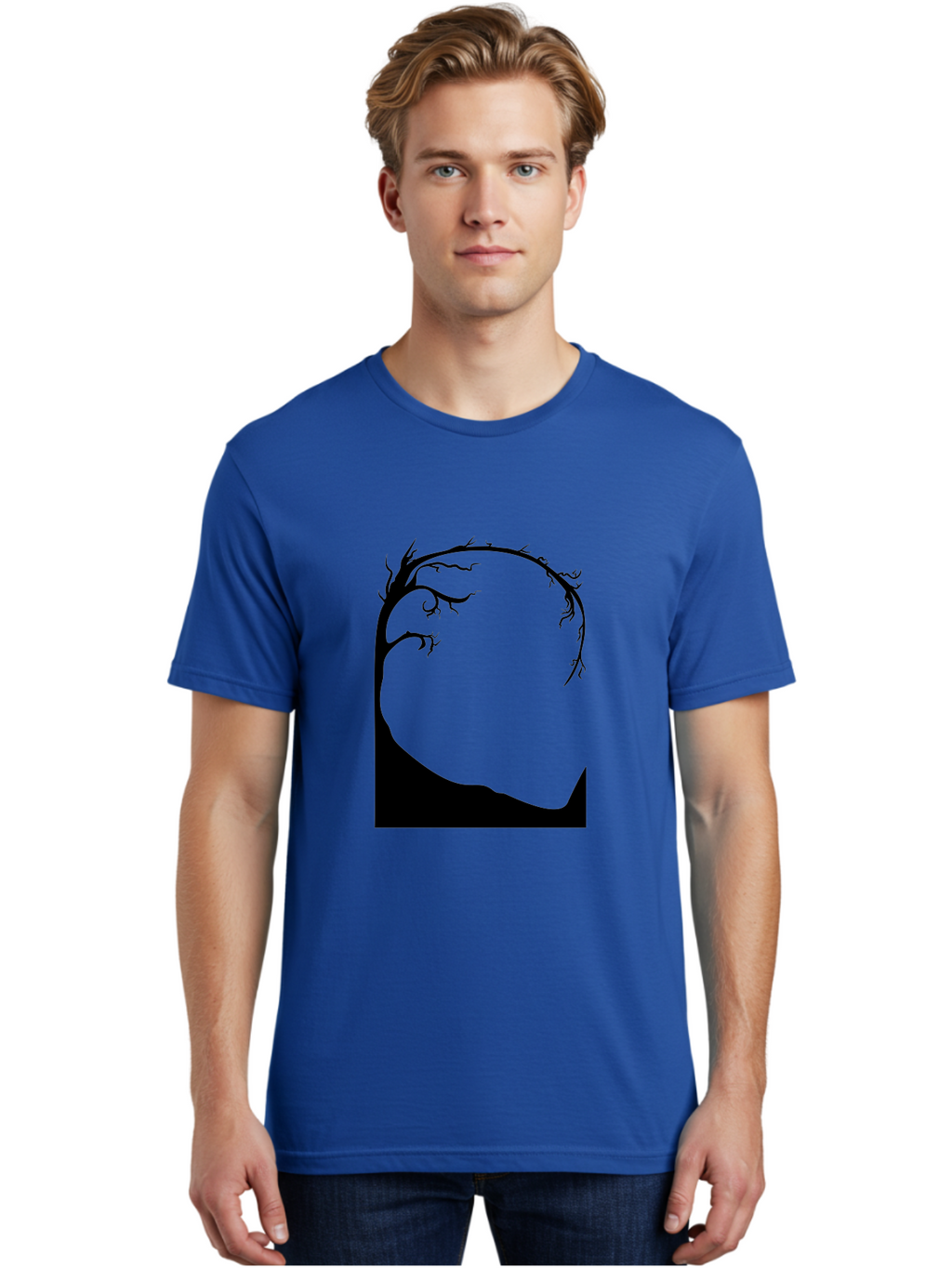 A-Tree-Silhouette Men'S Graphic Tee, 100% Cotton, Comfortable Casual Summer Wear, Machine Washable, Twisted Tree Branches, Bare Tree Silhouette, Abstract Tree Design, Minimalist Art, Black Tree On Green, Surreal Landscape, Eerie Atmosphere Aab190