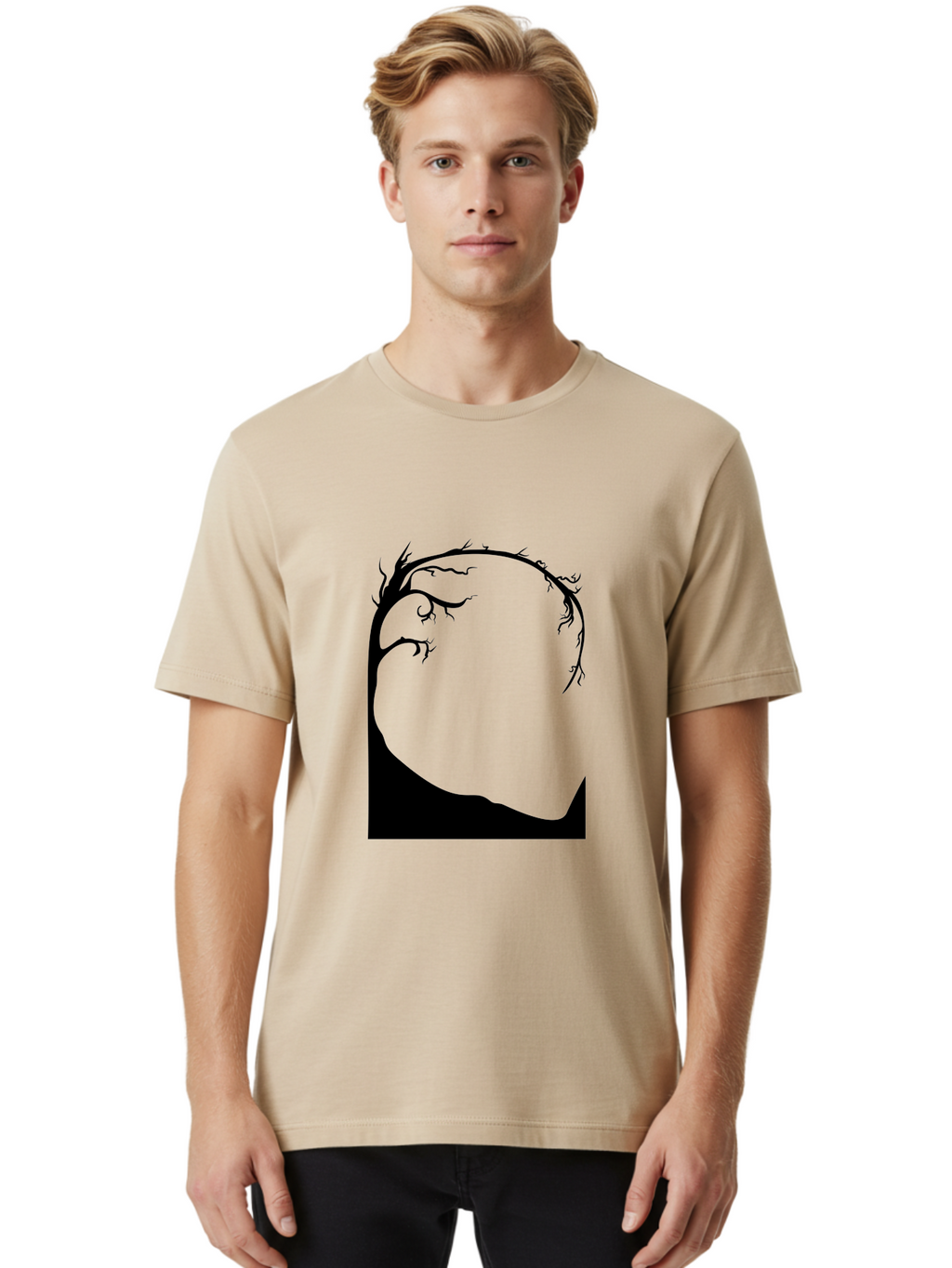 A-Tree-Silhouette Men'S Graphic Tee, 100% Cotton, Comfortable Casual Summer Wear, Machine Washable, Twisted Tree Branches, Bare Tree Silhouette, Abstract Tree Design, Minimalist Art, Black Tree On Green, Surreal Landscape, Eerie Atmosphere Aab190