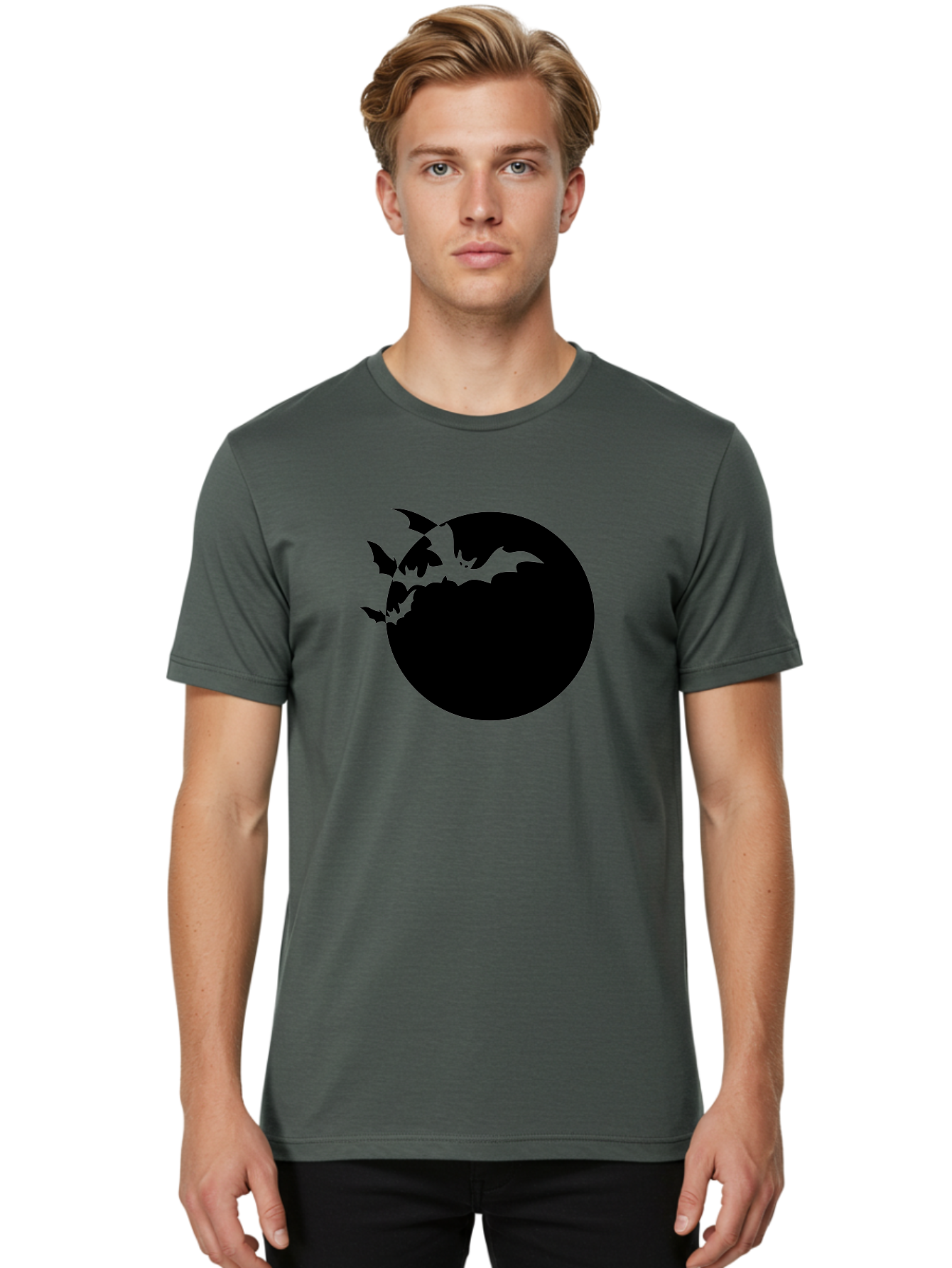 Bats-Flying-Around-Moon Men'S Graphic Tee, 100% Cotton, Comfortable Casual Summer Wear, Machine Washable, Black Bats, Flying Creatures, Dark Silhouettes, Spooky Atmosphere, Halloween Theme, Mystical Night, Winged Animals, Eerie Ambiance Aab195