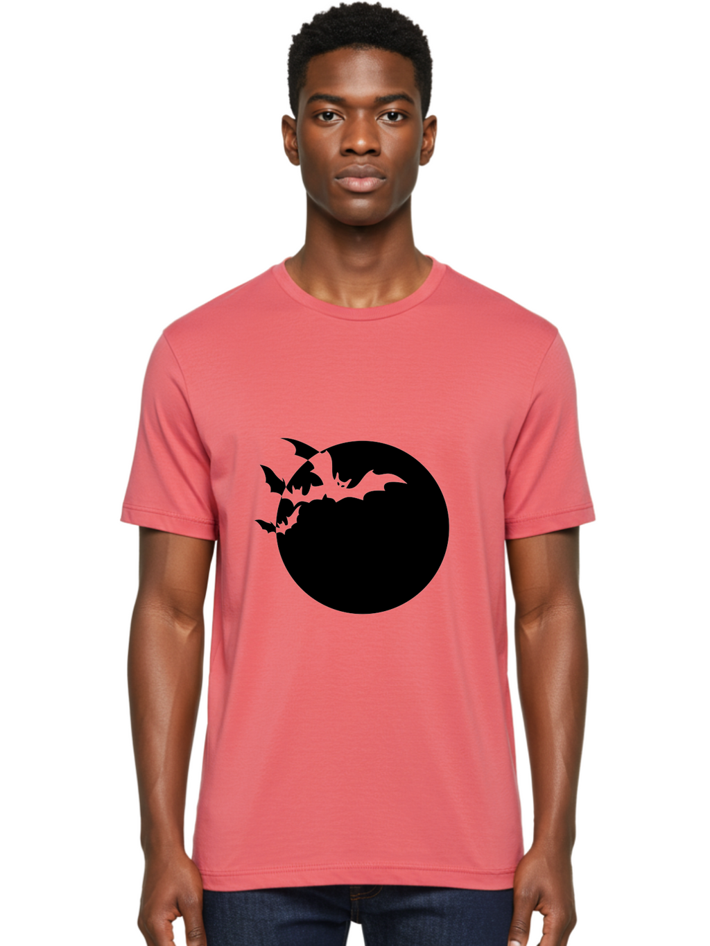 Bats-Flying-Around-Moon Men'S Graphic Tee, 100% Cotton, Comfortable Casual Summer Wear, Machine Washable, Black Bats, Flying Creatures, Dark Silhouettes, Spooky Atmosphere, Halloween Theme, Mystical Night, Winged Animals, Eerie Ambiance Aab195
