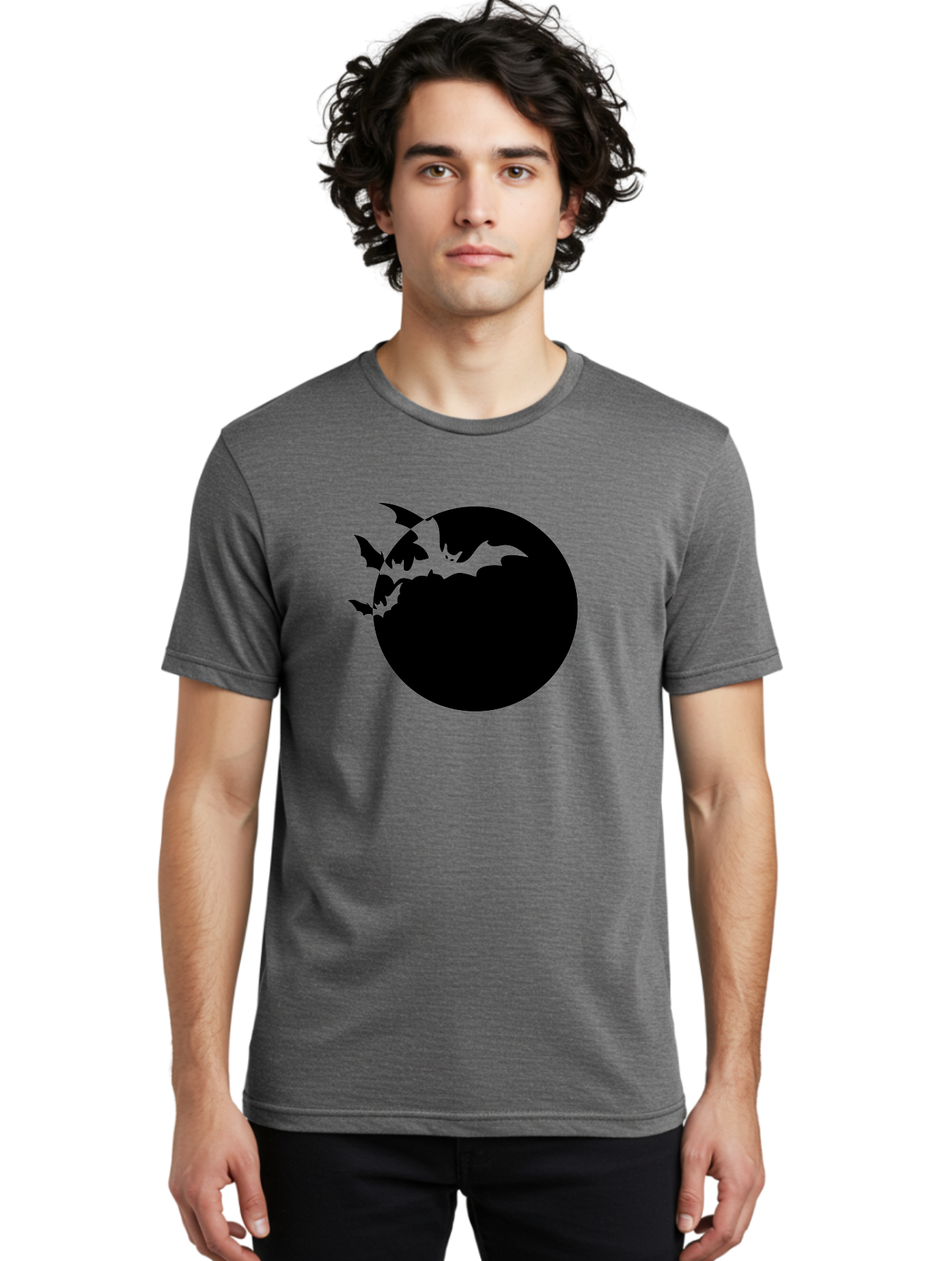 Bats-Flying-Around-Moon Men'S Graphic Tee, 100% Cotton, Comfortable Casual Summer Wear, Machine Washable, Black Bats, Flying Creatures, Dark Silhouettes, Spooky Atmosphere, Halloween Theme, Mystical Night, Winged Animals, Eerie Ambiance Aab195