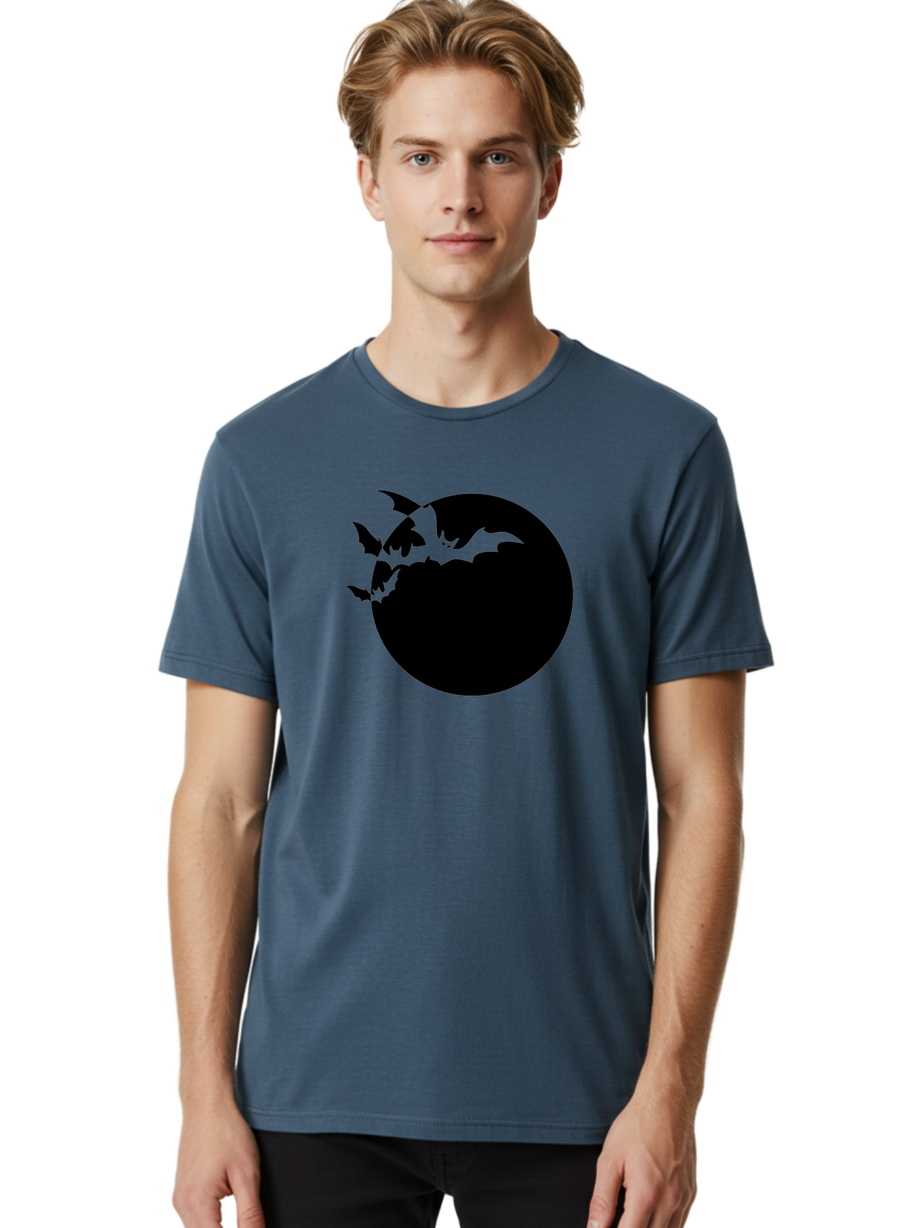 Bats-Flying-Around-Moon Men'S Graphic Tee, 100% Cotton, Comfortable Casual Summer Wear, Machine Washable, Black Bats, Flying Creatures, Dark Silhouettes, Spooky Atmosphere, Halloween Theme, Mystical Night, Winged Animals, Eerie Ambiance Aab195