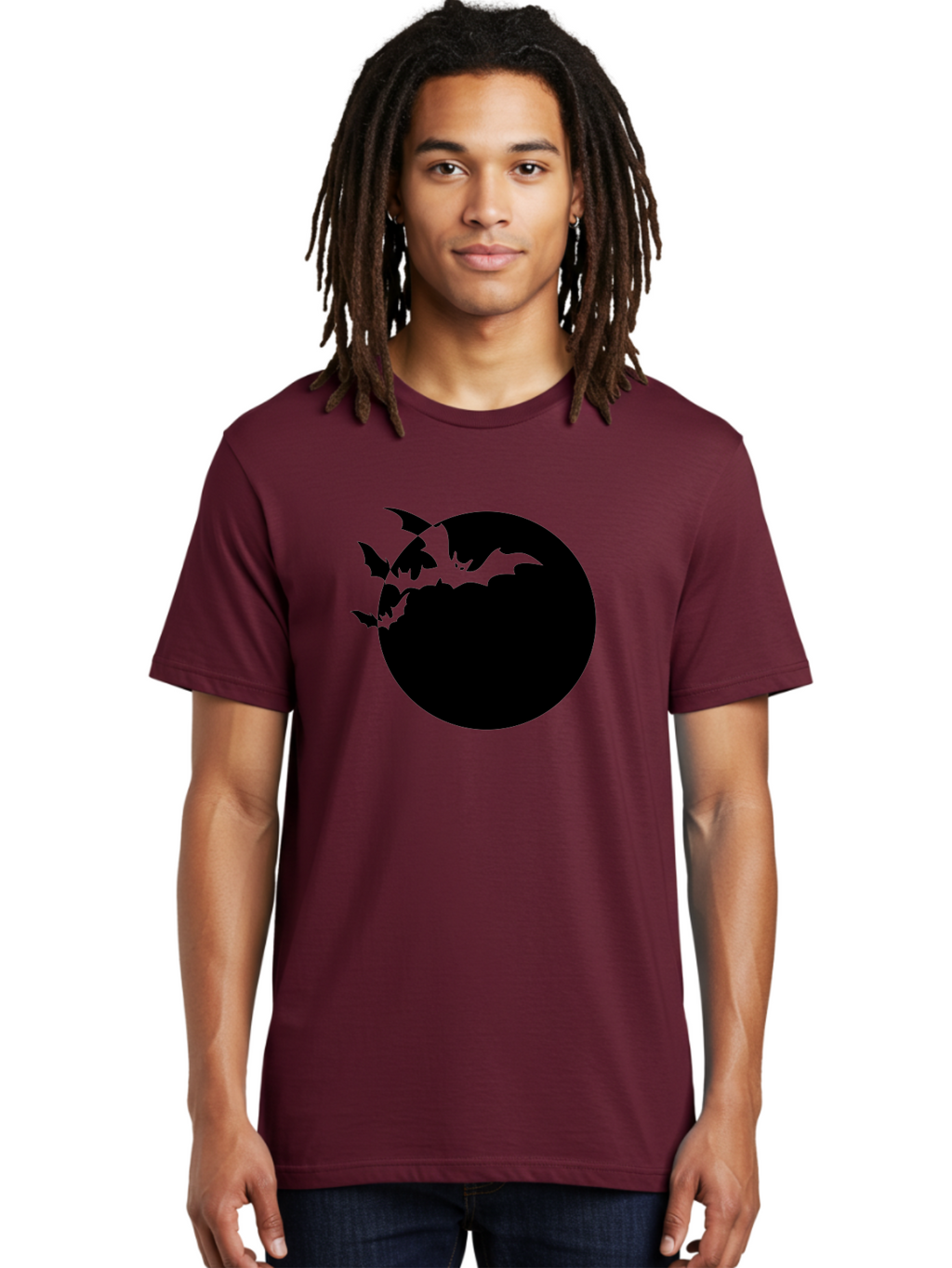 Bats-Flying-Around-Moon Men'S Graphic Tee, 100% Cotton, Comfortable Casual Summer Wear, Machine Washable, Black Bats, Flying Creatures, Dark Silhouettes, Spooky Atmosphere, Halloween Theme, Mystical Night, Winged Animals, Eerie Ambiance Aab195