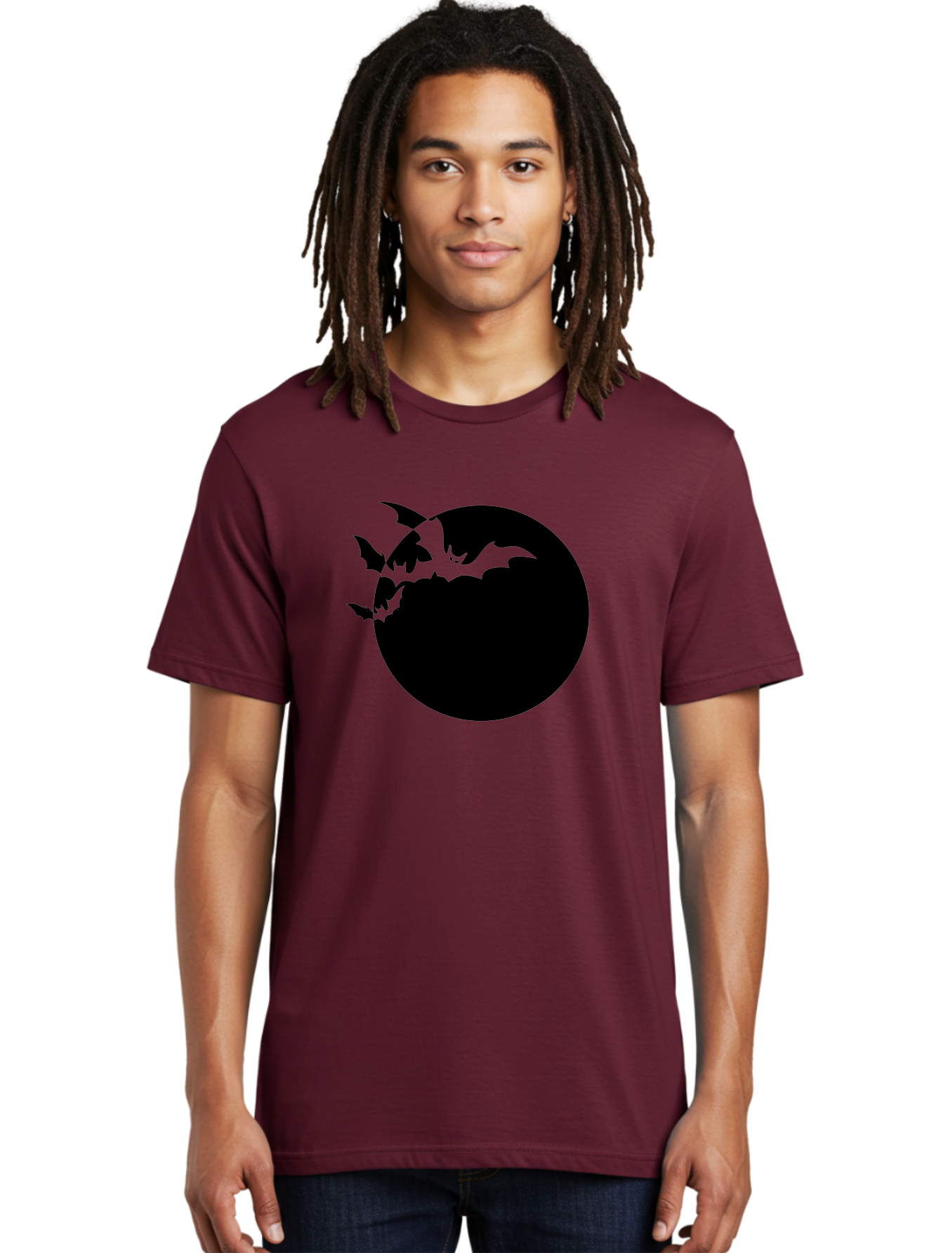 Bats-Flying-Around-Moon Men'S Graphic Tee, 100% Cotton, Comfortable Casual Summer Wear, Machine Washable, Black Bats, Flying Creatures, Dark Silhouettes, Spooky Atmosphere, Halloween Theme, Mystical Night, Winged Animals, Eerie Ambiance Aab195