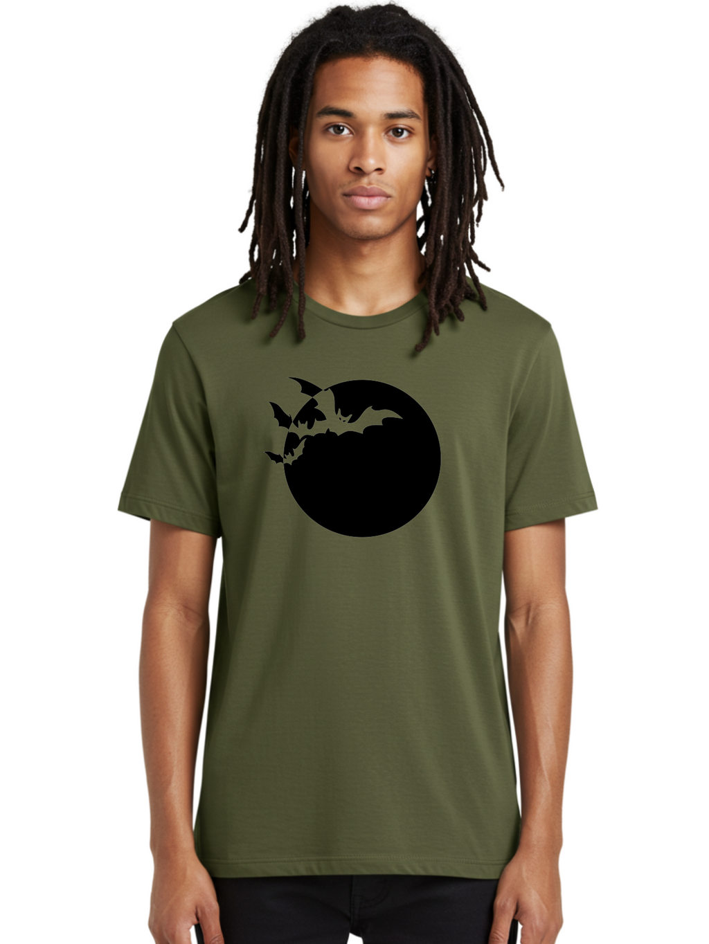 Bats-Flying-Around-Moon Men'S Graphic Tee, 100% Cotton, Comfortable Casual Summer Wear, Machine Washable, Black Bats, Flying Creatures, Dark Silhouettes, Spooky Atmosphere, Halloween Theme, Mystical Night, Winged Animals, Eerie Ambiance Aab195