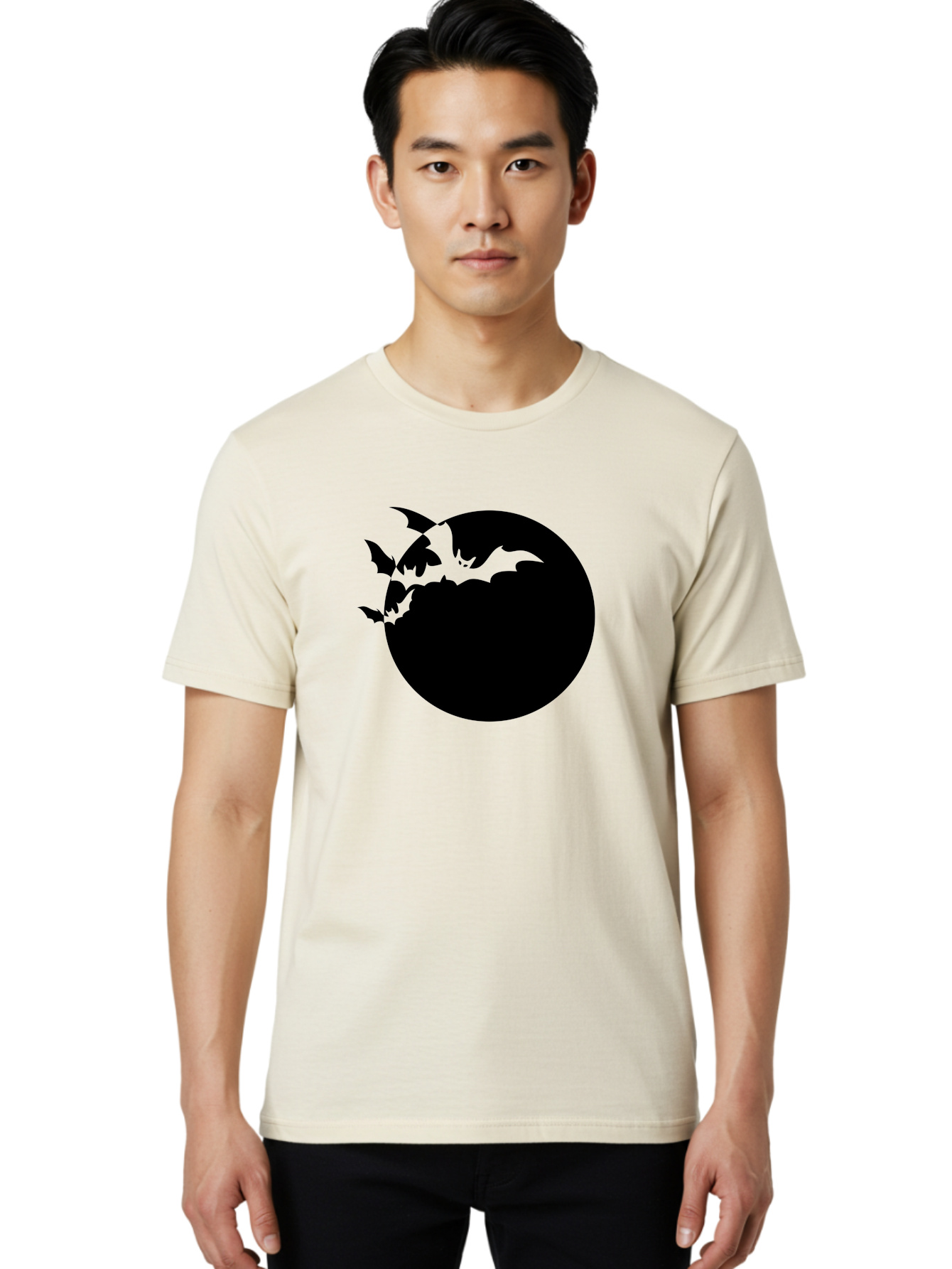 Bats-Flying-Around-Moon Men'S Graphic Tee, 100% Cotton, Comfortable Casual Summer Wear, Machine Washable, Black Bats, Flying Creatures, Dark Silhouettes, Spooky Atmosphere, Halloween Theme, Mystical Night, Winged Animals, Eerie Ambiance Aab195