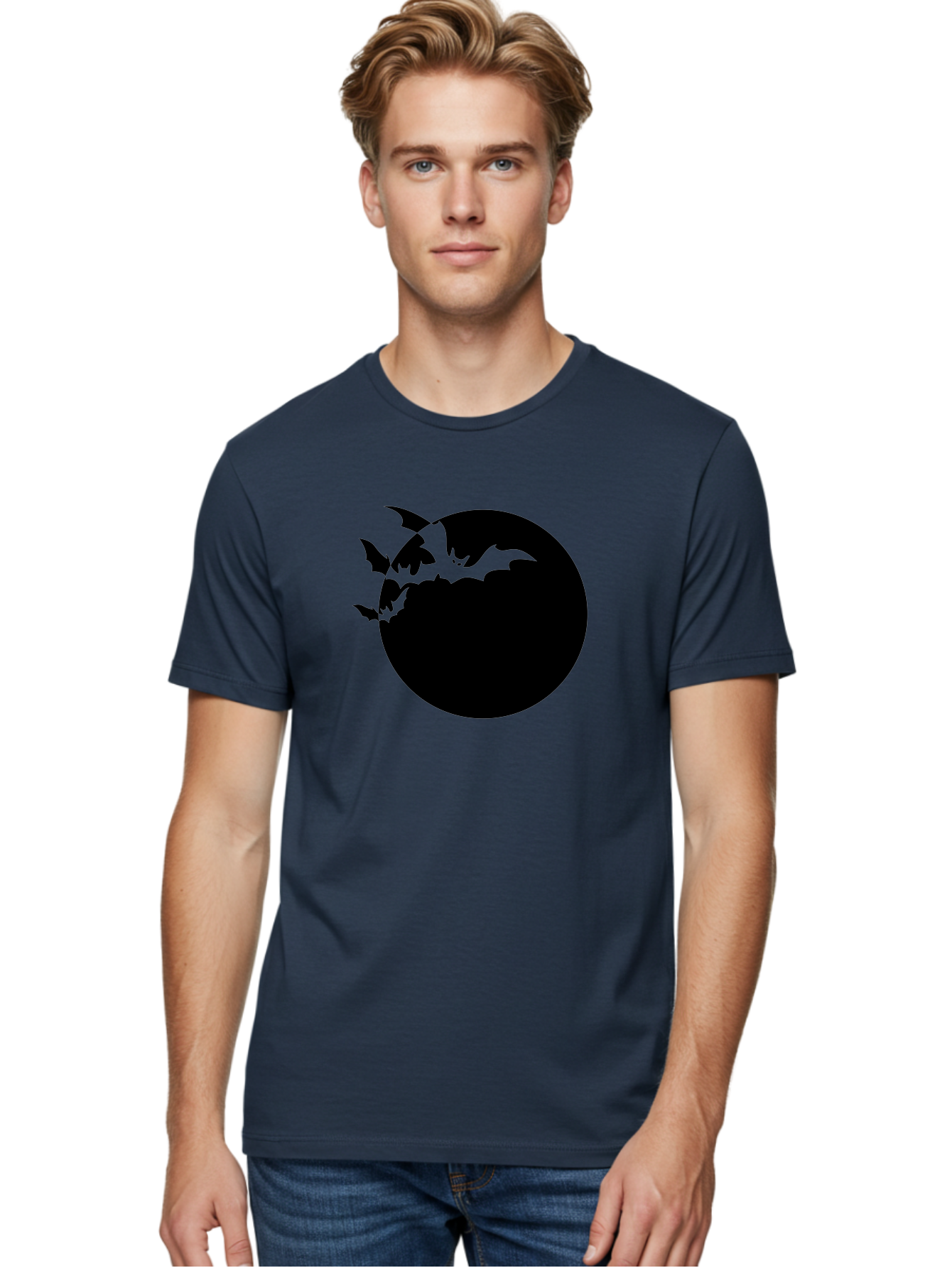 Bats-Flying-Around-Moon Men'S Graphic Tee, 100% Cotton, Comfortable Casual Summer Wear, Machine Washable, Black Bats, Flying Creatures, Dark Silhouettes, Spooky Atmosphere, Halloween Theme, Mystical Night, Winged Animals, Eerie Ambiance Aab195