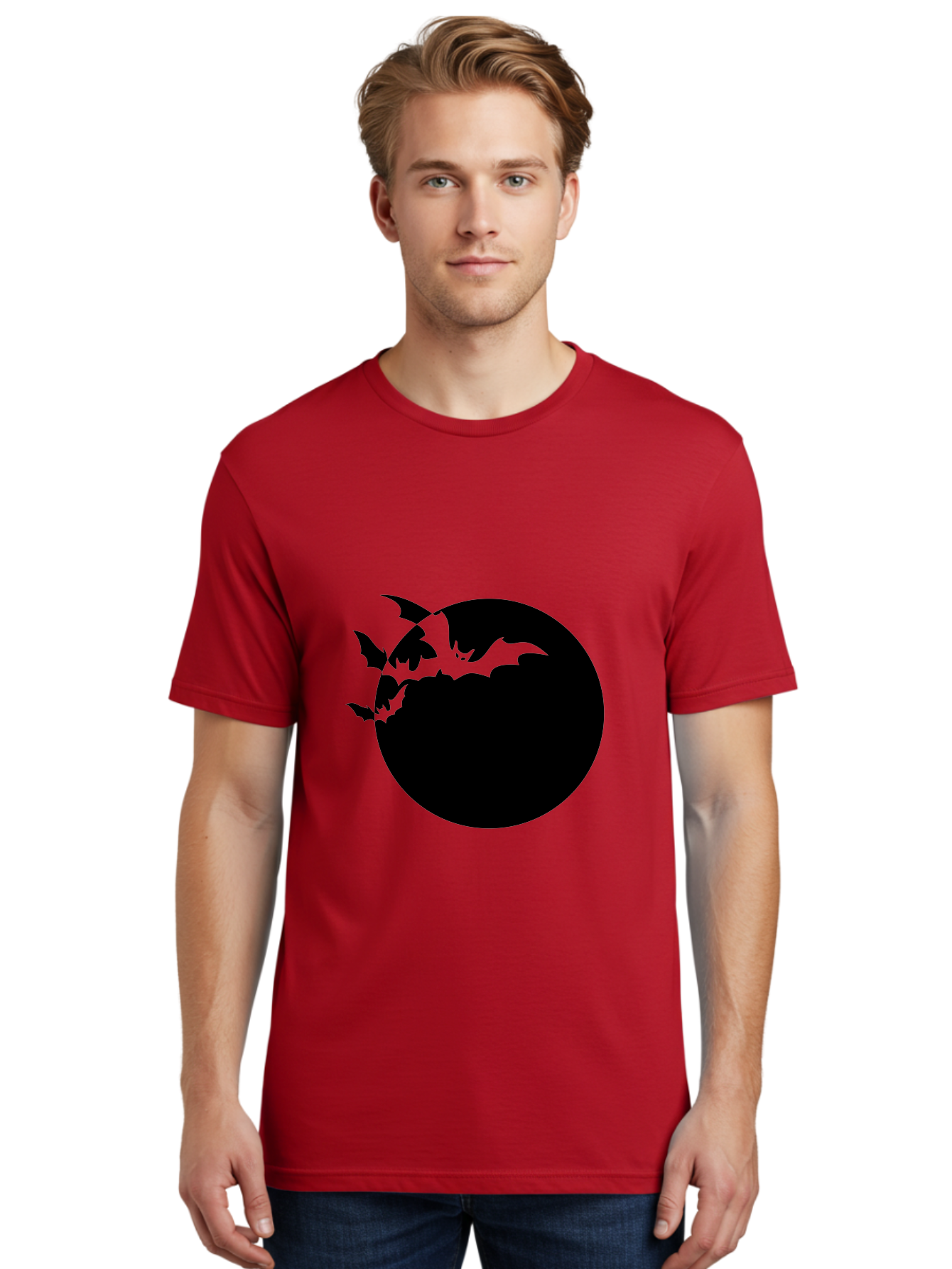 Bats-Flying-Around-Moon Men'S Graphic Tee, 100% Cotton, Comfortable Casual Summer Wear, Machine Washable, Black Bats, Flying Creatures, Dark Silhouettes, Spooky Atmosphere, Halloween Theme, Mystical Night, Winged Animals, Eerie Ambiance Aab195