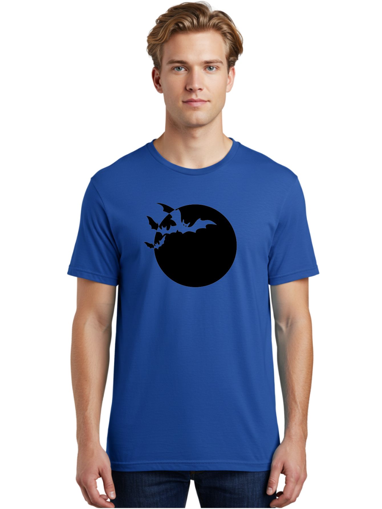 Bats-Flying-Around-Moon Men'S Graphic Tee, 100% Cotton, Comfortable Casual Summer Wear, Machine Washable, Black Bats, Flying Creatures, Dark Silhouettes, Spooky Atmosphere, Halloween Theme, Mystical Night, Winged Animals, Eerie Ambiance Aab195