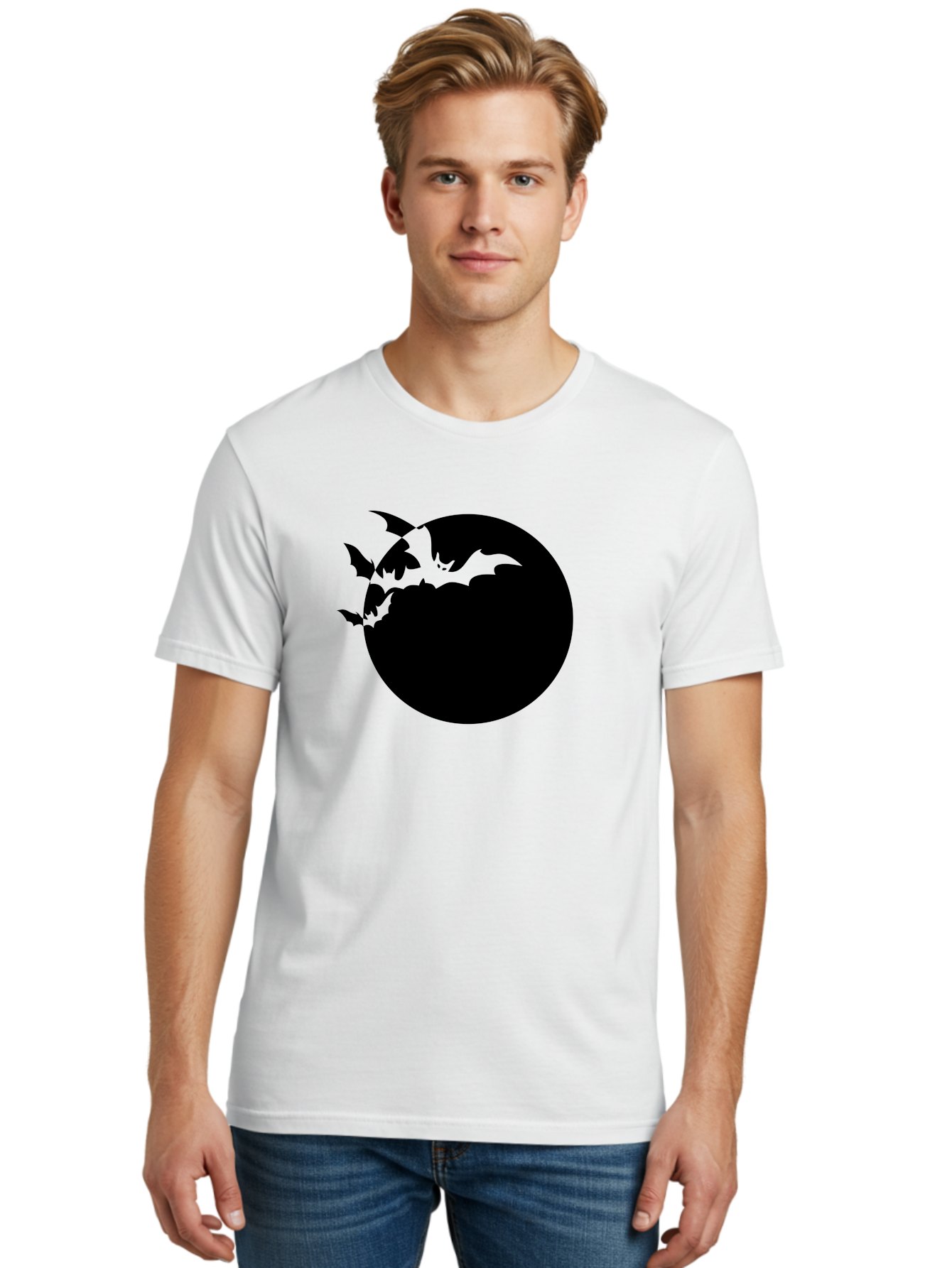 Bats-Flying-Around-Moon Men'S Graphic Tee, 100% Cotton, Comfortable Casual Summer Wear, Machine Washable, Black Bats, Flying Creatures, Dark Silhouettes, Spooky Atmosphere, Halloween Theme, Mystical Night, Winged Animals, Eerie Ambiance Aab195