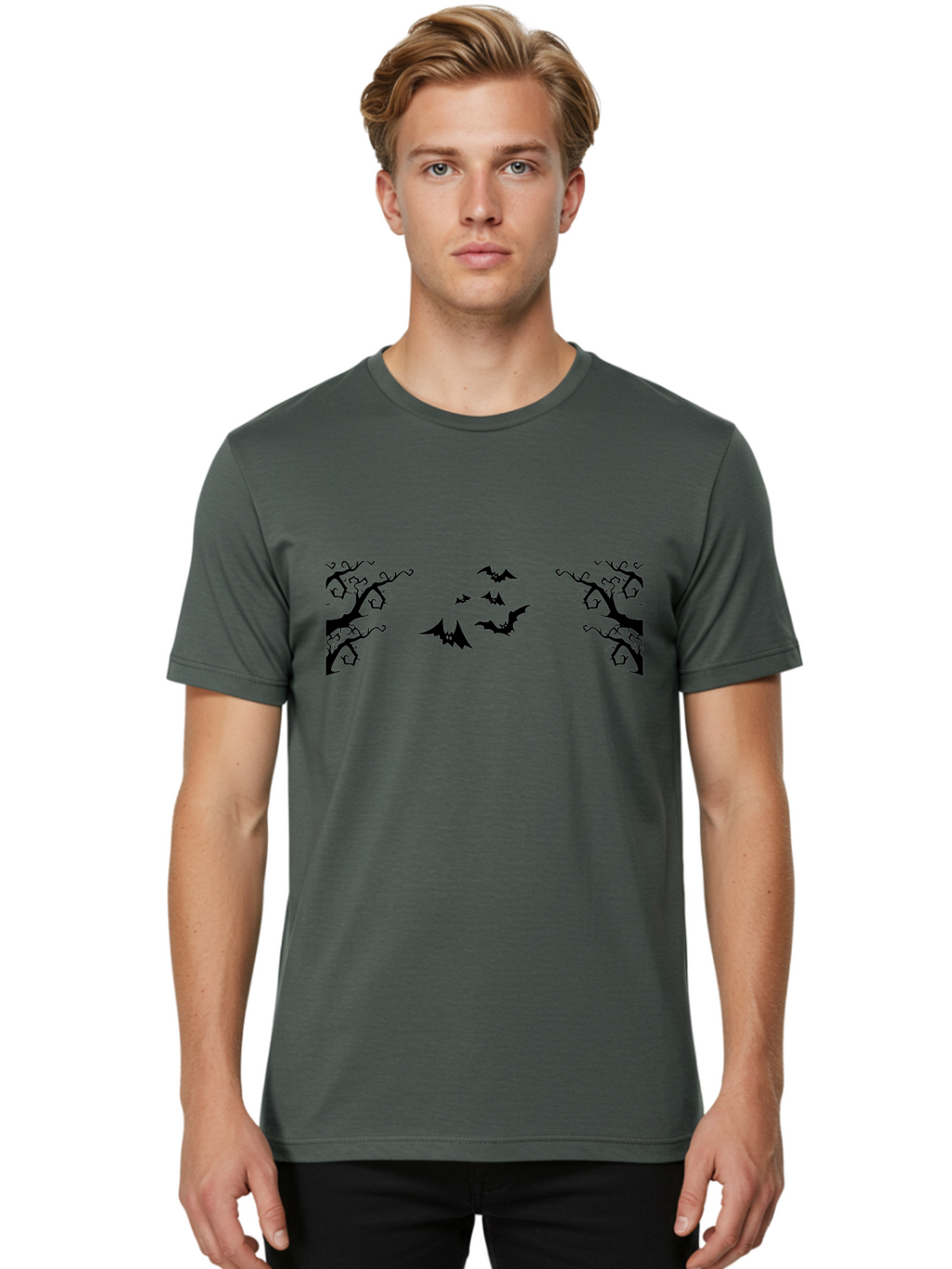 Bats-Flying-Between-Trees Men'S Graphic Tee, 100% Cotton, Comfortable Casual Summer Wear, Machine Washable, Halloween Bats, Flying Bats, Spooky Trees, Twisted Branches, Gothic Atmosphere, Dark Silhouettes, Haunted Woods, Flying Creatures Aab196