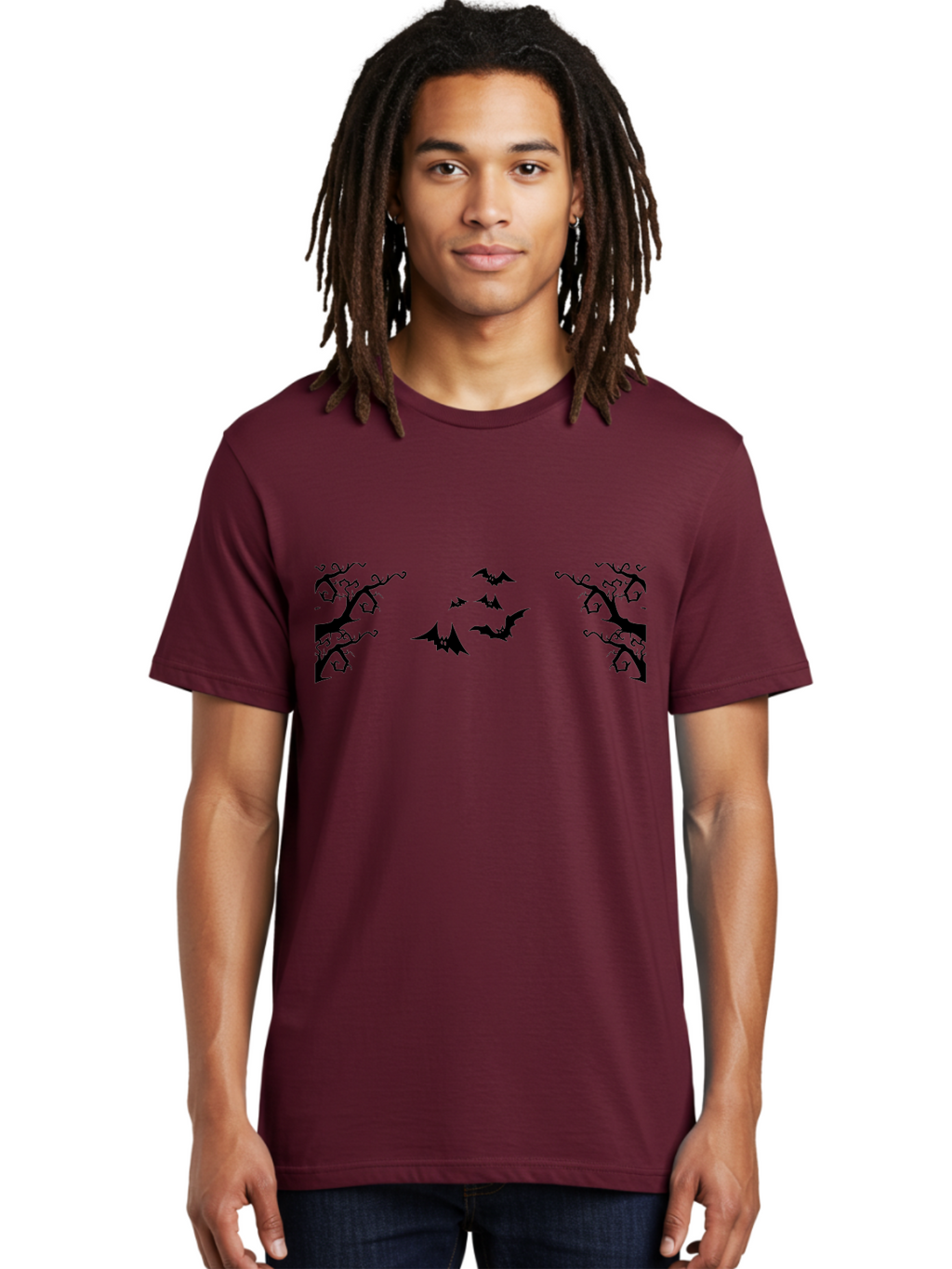 Bats-Flying-Between-Trees Men'S Graphic Tee, 100% Cotton, Comfortable Casual Summer Wear, Machine Washable, Halloween Bats, Flying Bats, Spooky Trees, Twisted Branches, Gothic Atmosphere, Dark Silhouettes, Haunted Woods, Flying Creatures Aab196