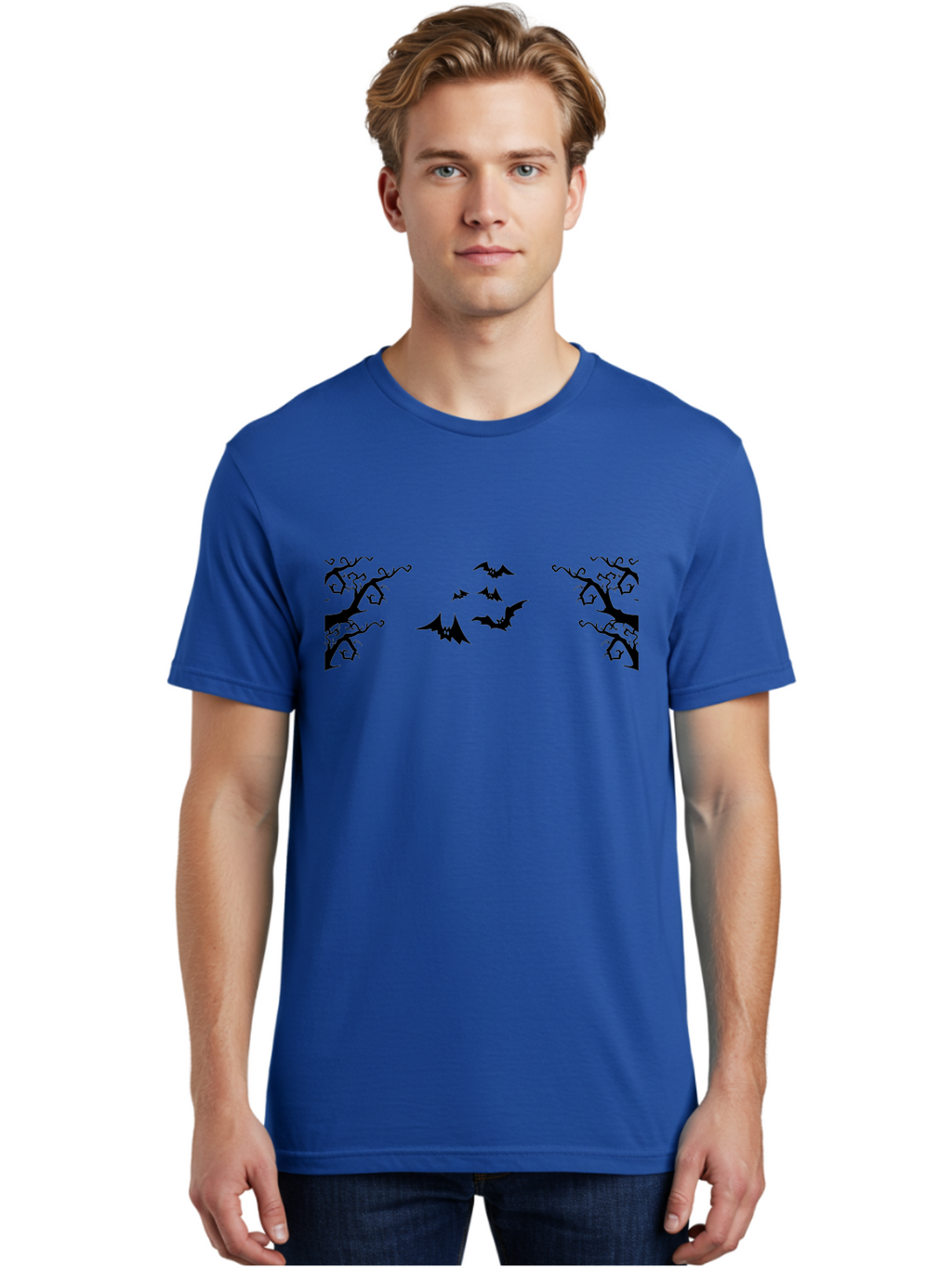 Bats-Flying-Between-Trees Men'S Graphic Tee, 100% Cotton, Comfortable Casual Summer Wear, Machine Washable, Halloween Bats, Flying Bats, Spooky Trees, Twisted Branches, Gothic Atmosphere, Dark Silhouettes, Haunted Woods, Flying Creatures Aab196