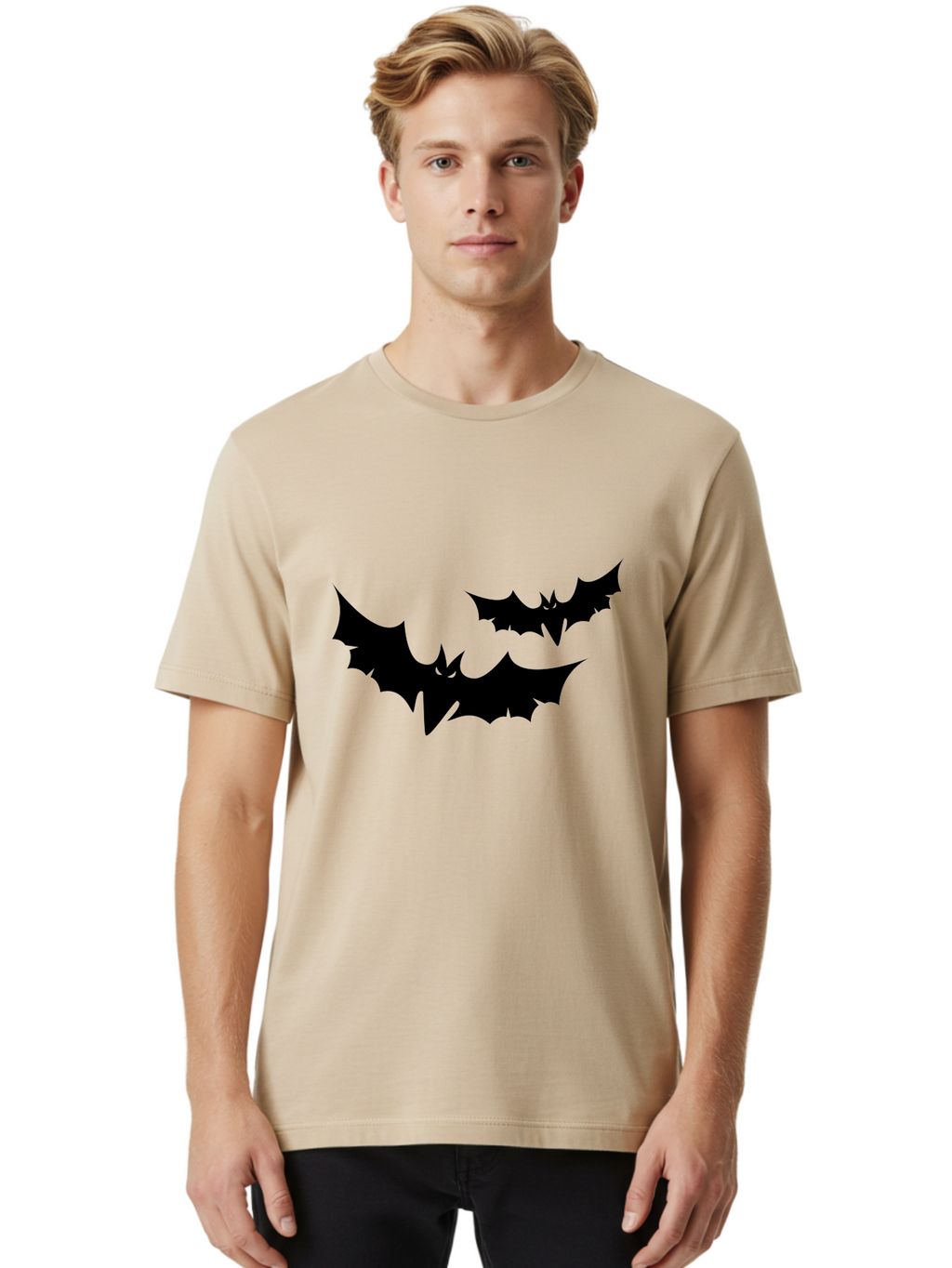 Black-Bats Men'S Graphic Tee, 100% Cotton, Comfortable Casual Summer Wear, Machine Washable, Halloween Bats, Black Bats, Bat Silhouettes, Spooky Decor, Halloween Decorations, Flying Bats, Halloween Theme Aab201