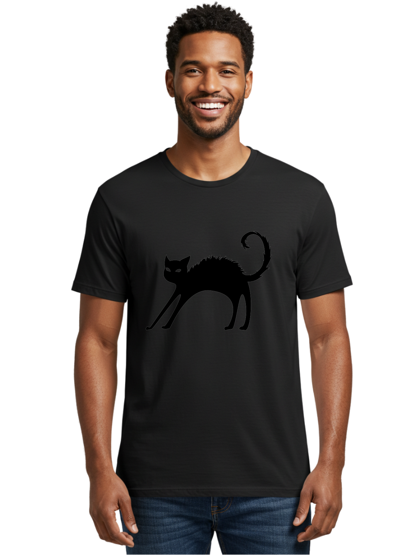 Black-Cat-Silhouette-1 Men'S Graphic Tee, 100% Cotton, Comfortable Casual Summer Wear, Machine Washable, Black Cat Silhouette, Spooky Cat, Halloween Symbol, Mysterious Animal, Glowing Eyes, Feline Silhouette, Mystical Creature, Aab202