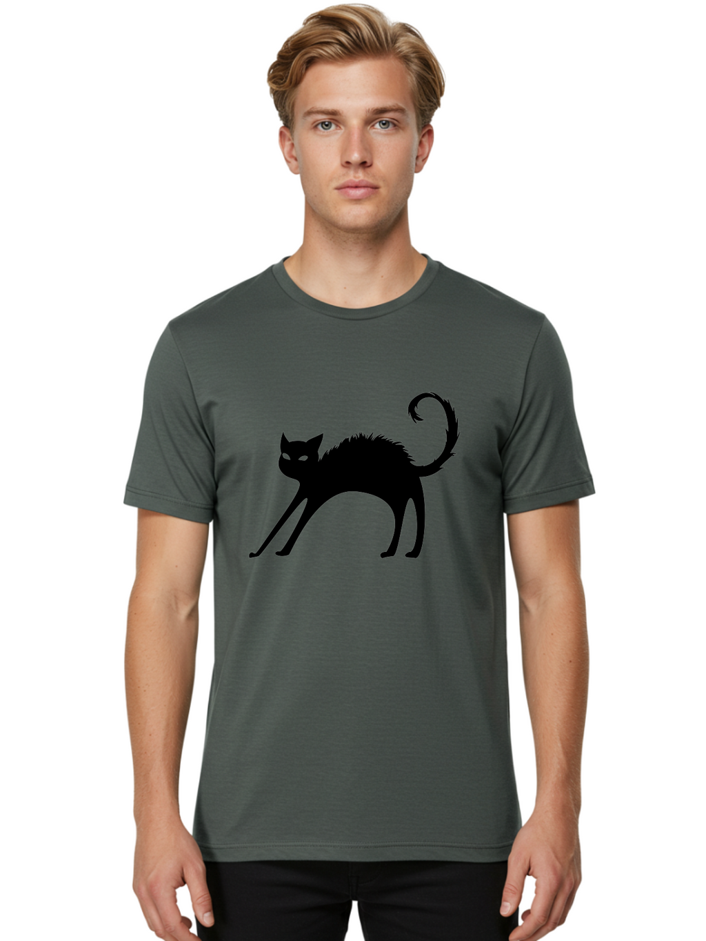 Black-Cat-Silhouette-1 Men'S Graphic Tee, 100% Cotton, Comfortable Casual Summer Wear, Machine Washable, Black Cat Silhouette, Spooky Cat, Halloween Symbol, Mysterious Animal, Glowing Eyes, Feline Silhouette, Mystical Creature, Aab202