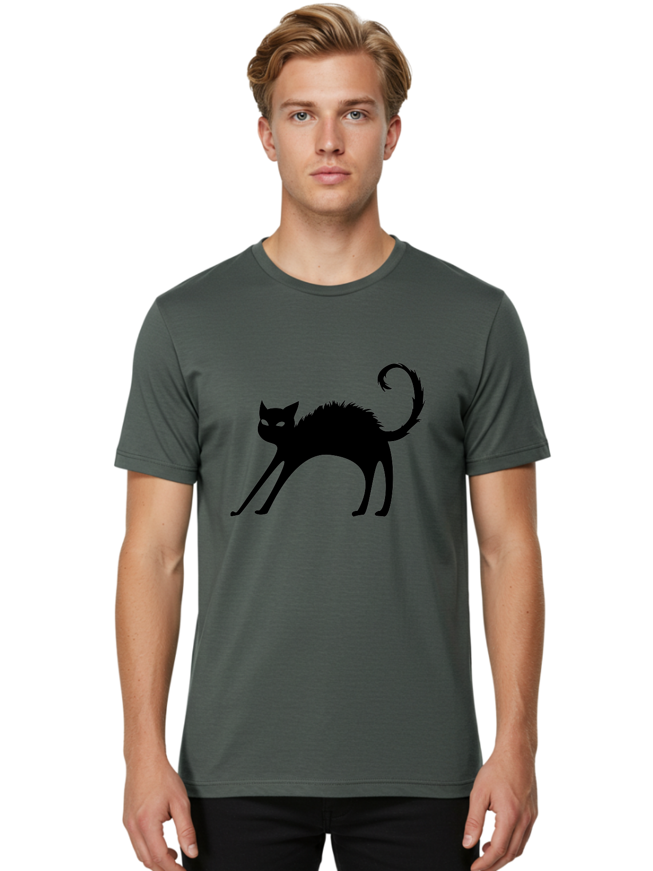 Black-Cat-Silhouette-1 Men'S Graphic Tee, 100% Cotton, Comfortable Casual Summer Wear, Machine Washable, Black Cat Silhouette, Spooky Cat, Halloween Symbol, Mysterious Animal, Glowing Eyes, Feline Silhouette, Mystical Creature, Aab202