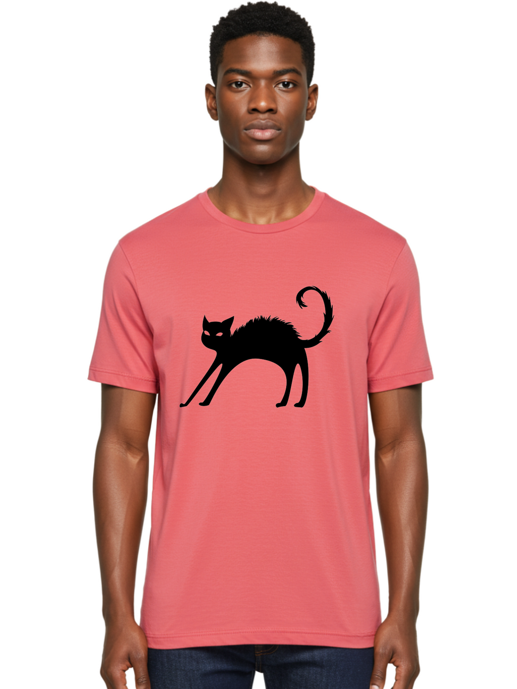 Black-Cat-Silhouette-1 Men'S Graphic Tee, 100% Cotton, Comfortable Casual Summer Wear, Machine Washable, Black Cat Silhouette, Spooky Cat, Halloween Symbol, Mysterious Animal, Glowing Eyes, Feline Silhouette, Mystical Creature, Aab202