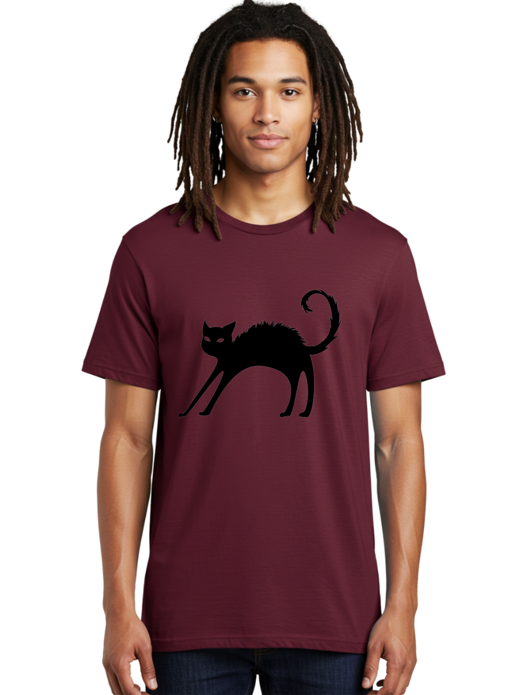 Black-Cat-Silhouette-1 Men'S Graphic Tee, 100% Cotton, Comfortable Casual Summer Wear, Machine Washable, Black Cat Silhouette, Spooky Cat, Halloween Symbol, Mysterious Animal, Glowing Eyes, Feline Silhouette, Mystical Creature, Aab202