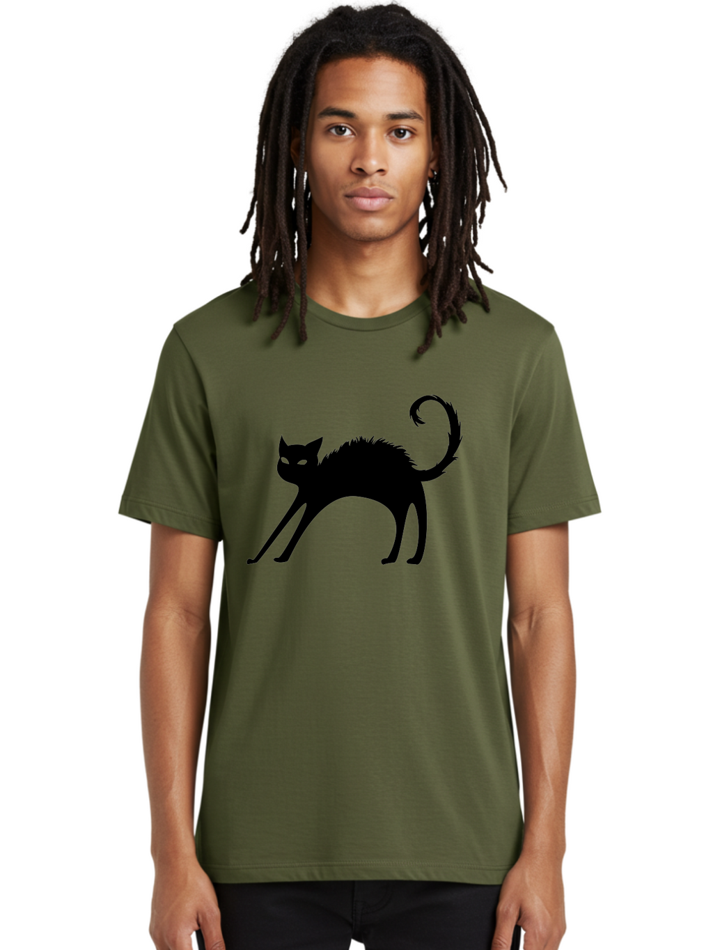 Black-Cat-Silhouette-1 Men'S Graphic Tee, 100% Cotton, Comfortable Casual Summer Wear, Machine Washable, Black Cat Silhouette, Spooky Cat, Halloween Symbol, Mysterious Animal, Glowing Eyes, Feline Silhouette, Mystical Creature, Aab202