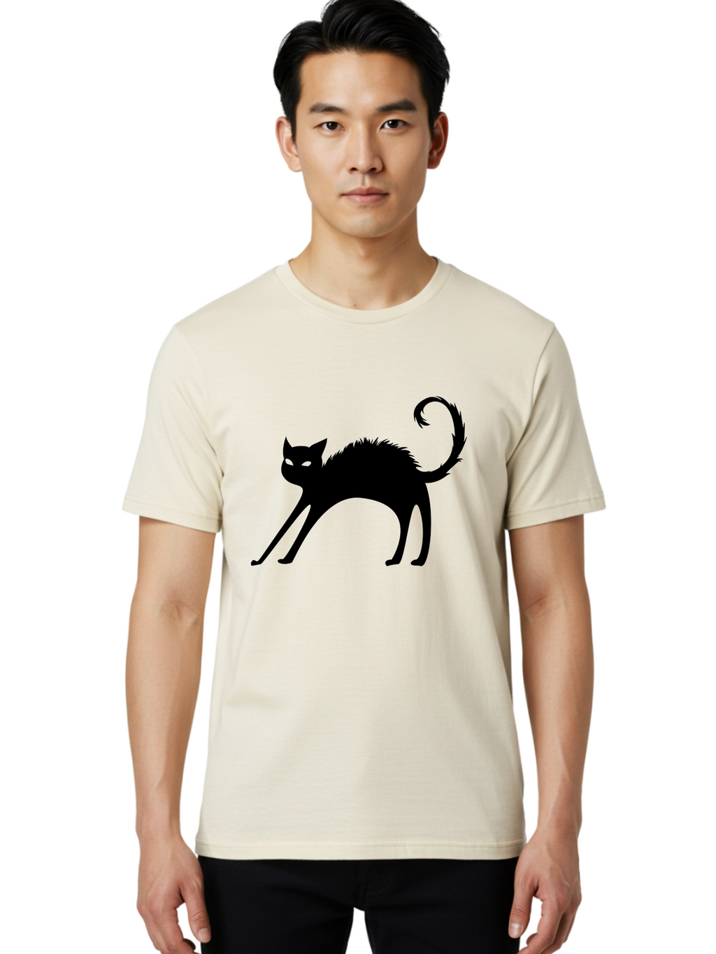 Black-Cat-Silhouette-1 Men'S Graphic Tee, 100% Cotton, Comfortable Casual Summer Wear, Machine Washable, Black Cat Silhouette, Spooky Cat, Halloween Symbol, Mysterious Animal, Glowing Eyes, Feline Silhouette, Mystical Creature, Aab202