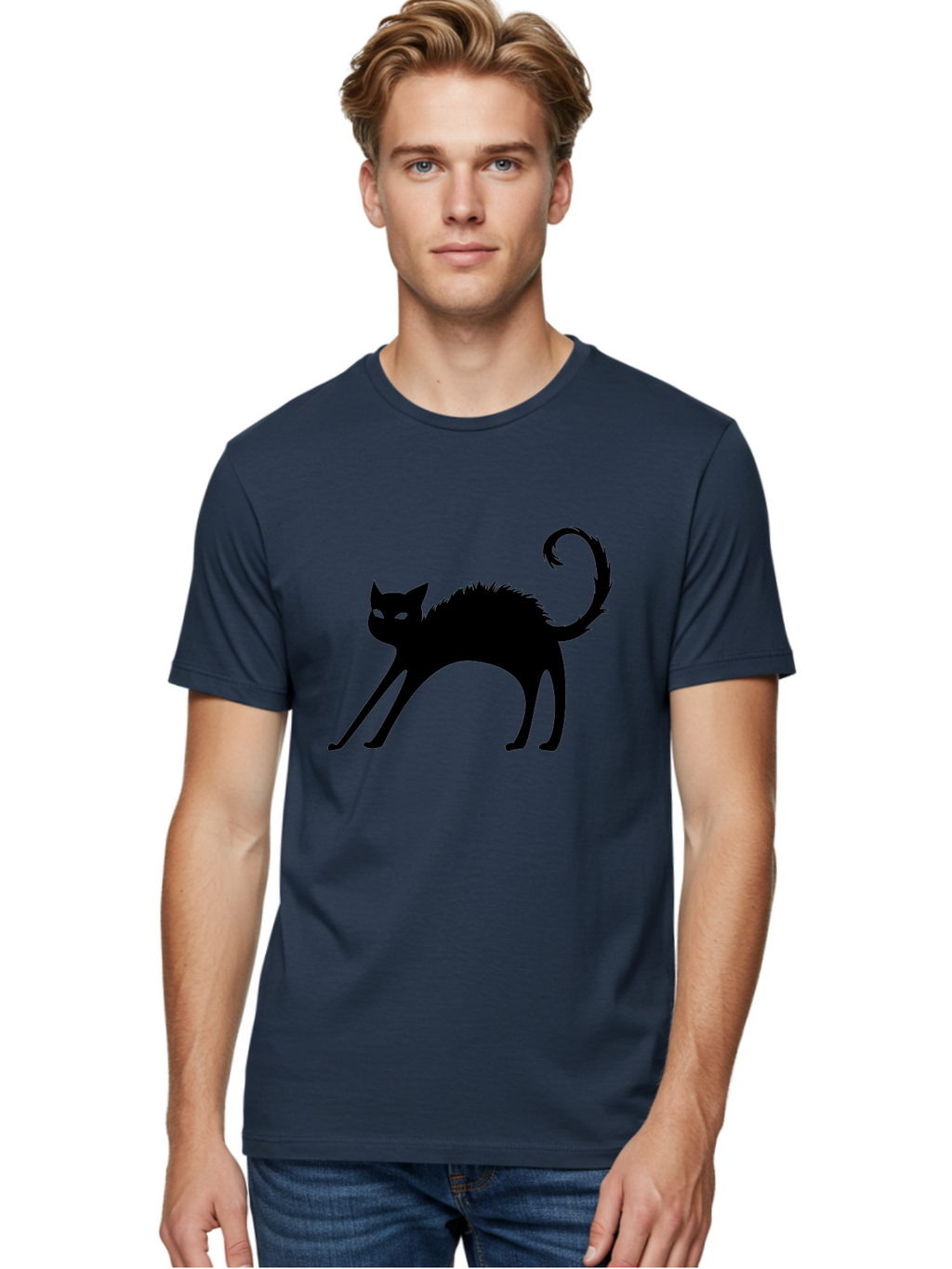 Black-Cat-Silhouette-1 Men'S Graphic Tee, 100% Cotton, Comfortable Casual Summer Wear, Machine Washable, Black Cat Silhouette, Spooky Cat, Halloween Symbol, Mysterious Animal, Glowing Eyes, Feline Silhouette, Mystical Creature, Aab202