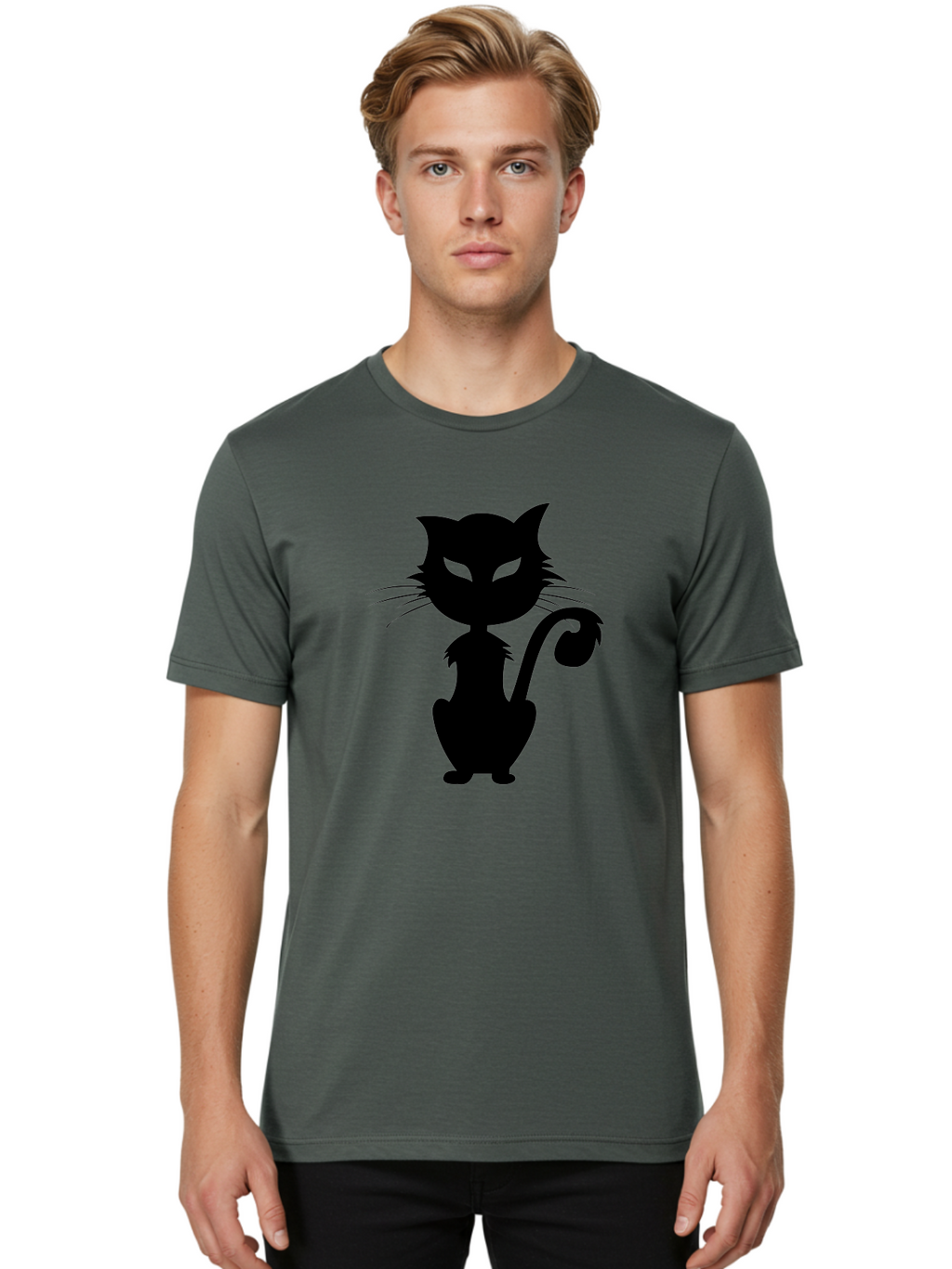 Black-Cat-Silhouette-2 Men'S Graphic Tee, 100% Cotton, Comfortable Casual Summer Wear, Machine Washable, Black Cat, Cat Silhouette, Feline Figure, Glowing Green Eyes, Mystical Cat, Cat Graphic, Spooky Cat, Mysterious Animal, Halloween Icon Aab203