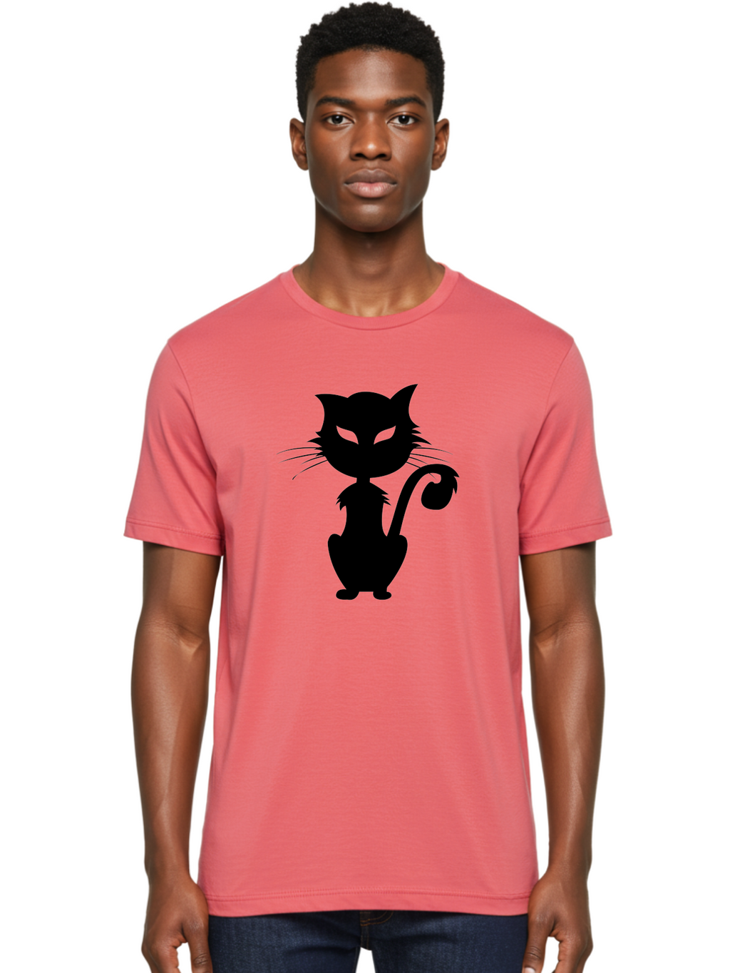 Black-Cat-Silhouette-2 Men'S Graphic Tee, 100% Cotton, Comfortable Casual Summer Wear, Machine Washable, Black Cat, Cat Silhouette, Feline Figure, Glowing Green Eyes, Mystical Cat, Cat Graphic, Spooky Cat, Mysterious Animal, Halloween Icon Aab203