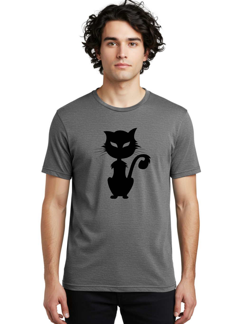 Black-Cat-Silhouette-2 Men'S Graphic Tee, 100% Cotton, Comfortable Casual Summer Wear, Machine Washable, Black Cat, Cat Silhouette, Feline Figure, Glowing Green Eyes, Mystical Cat, Cat Graphic, Spooky Cat, Mysterious Animal, Halloween Icon Aab203
