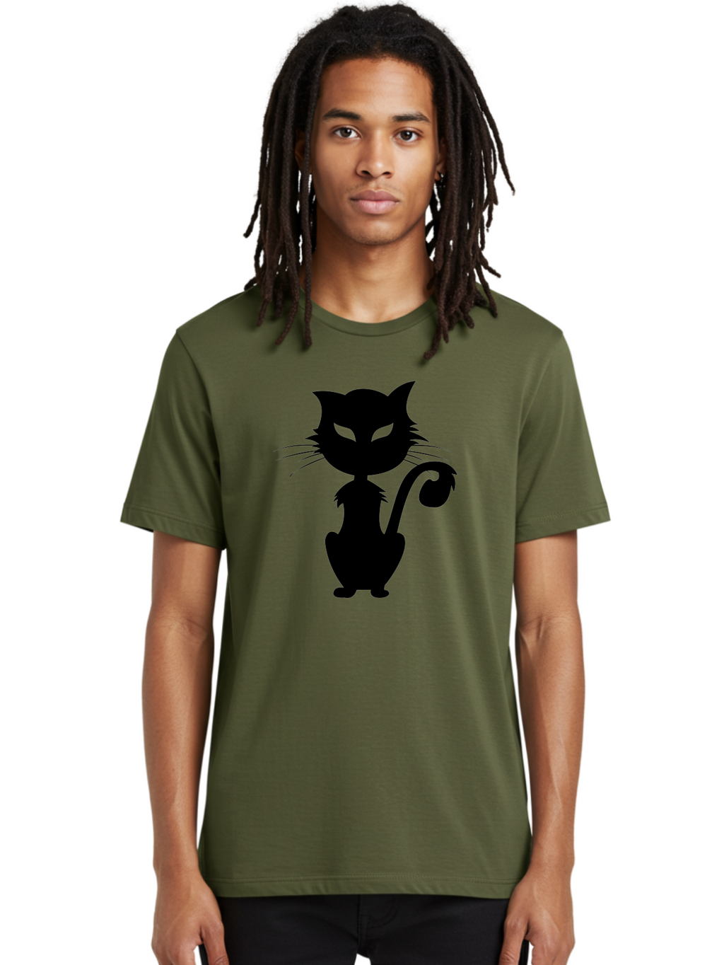 Black-Cat-Silhouette-2 Men'S Graphic Tee, 100% Cotton, Comfortable Casual Summer Wear, Machine Washable, Black Cat, Cat Silhouette, Feline Figure, Glowing Green Eyes, Mystical Cat, Cat Graphic, Spooky Cat, Mysterious Animal, Halloween Icon Aab203