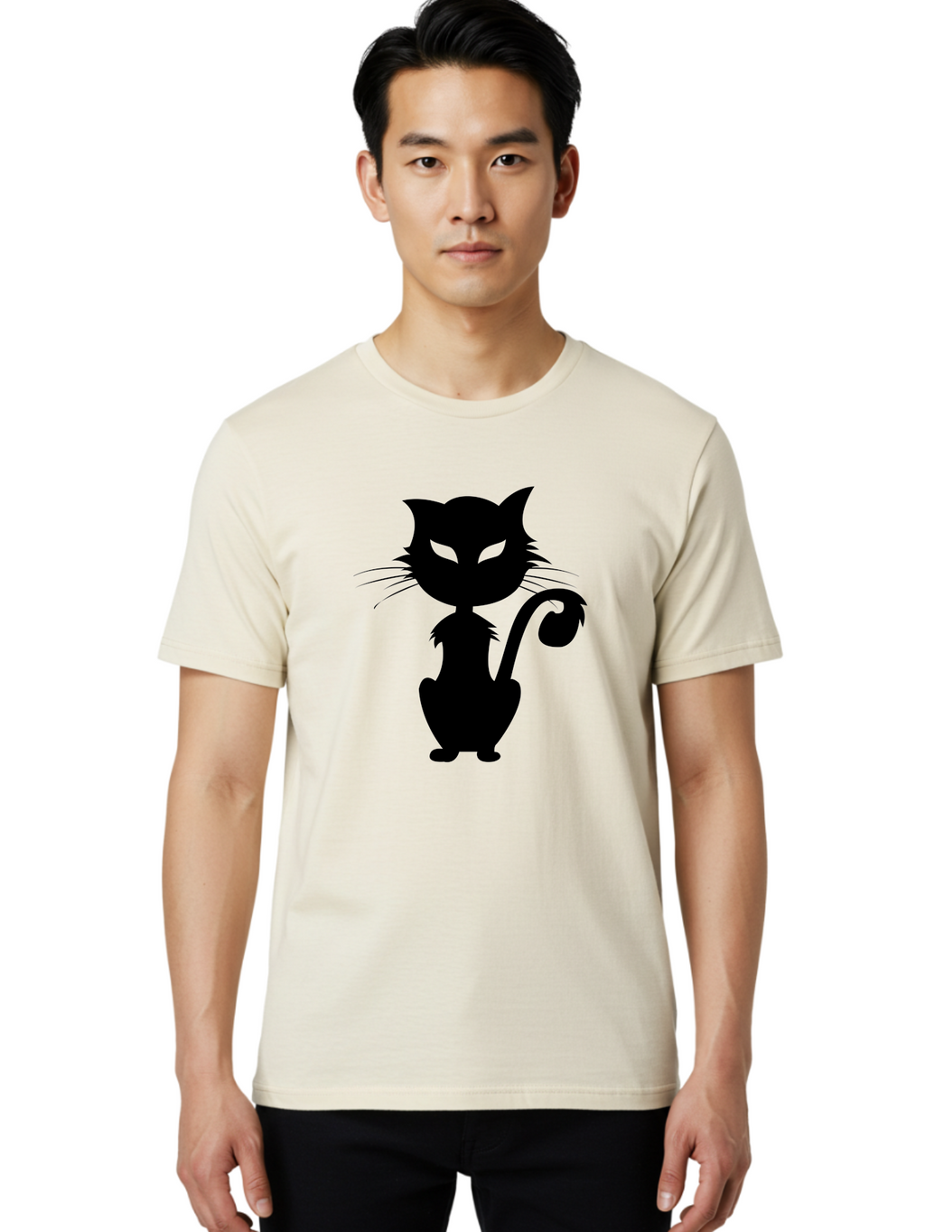 Black-Cat-Silhouette-2 Men'S Graphic Tee, 100% Cotton, Comfortable Casual Summer Wear, Machine Washable, Black Cat, Cat Silhouette, Feline Figure, Glowing Green Eyes, Mystical Cat, Cat Graphic, Spooky Cat, Mysterious Animal, Halloween Icon Aab203