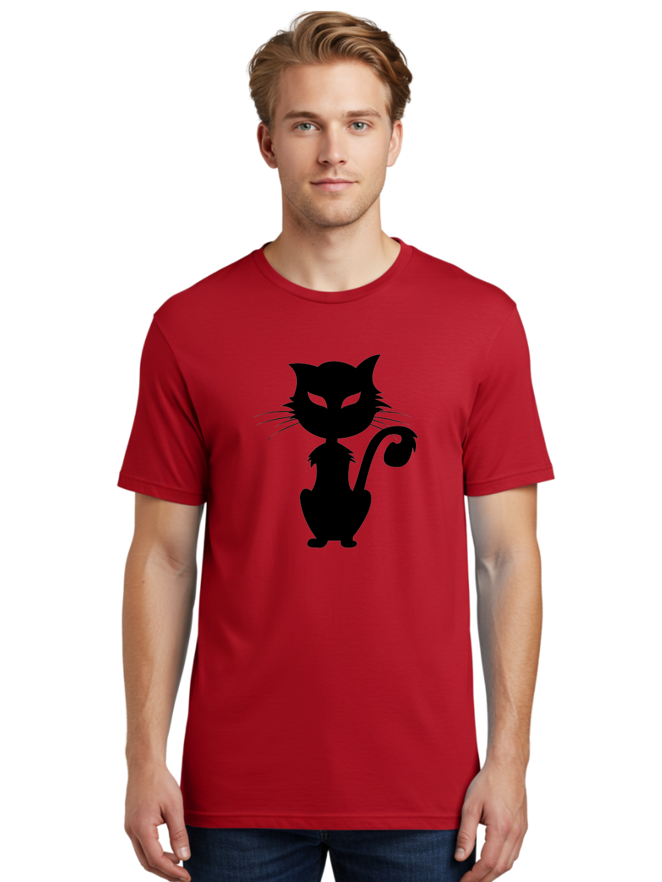 Black-Cat-Silhouette-2 Men'S Graphic Tee, 100% Cotton, Comfortable Casual Summer Wear, Machine Washable, Black Cat, Cat Silhouette, Feline Figure, Glowing Green Eyes, Mystical Cat, Cat Graphic, Spooky Cat, Mysterious Animal, Halloween Icon Aab203