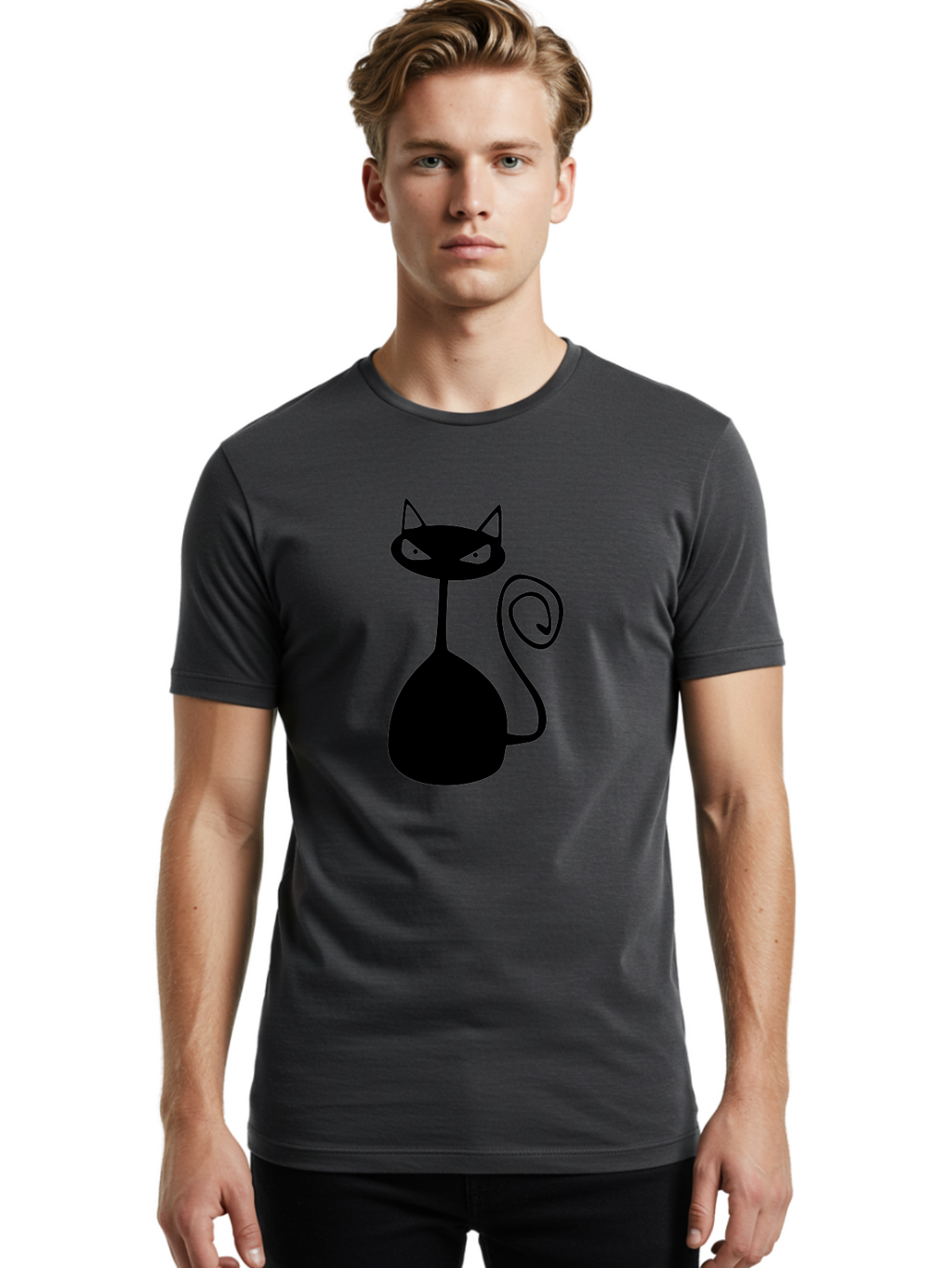 Black-Cat Men'S Graphic Tee, 100% Cotton, Comfortable Casual Summer Wear, Machine Washable, Black Cat Silhouette, Evil Cat, Green Eyes, Cartoon Style, Minimalist Design, Simple Shapes, Whimsical Art, Feline Illustration, Spooky Cat, Aab205