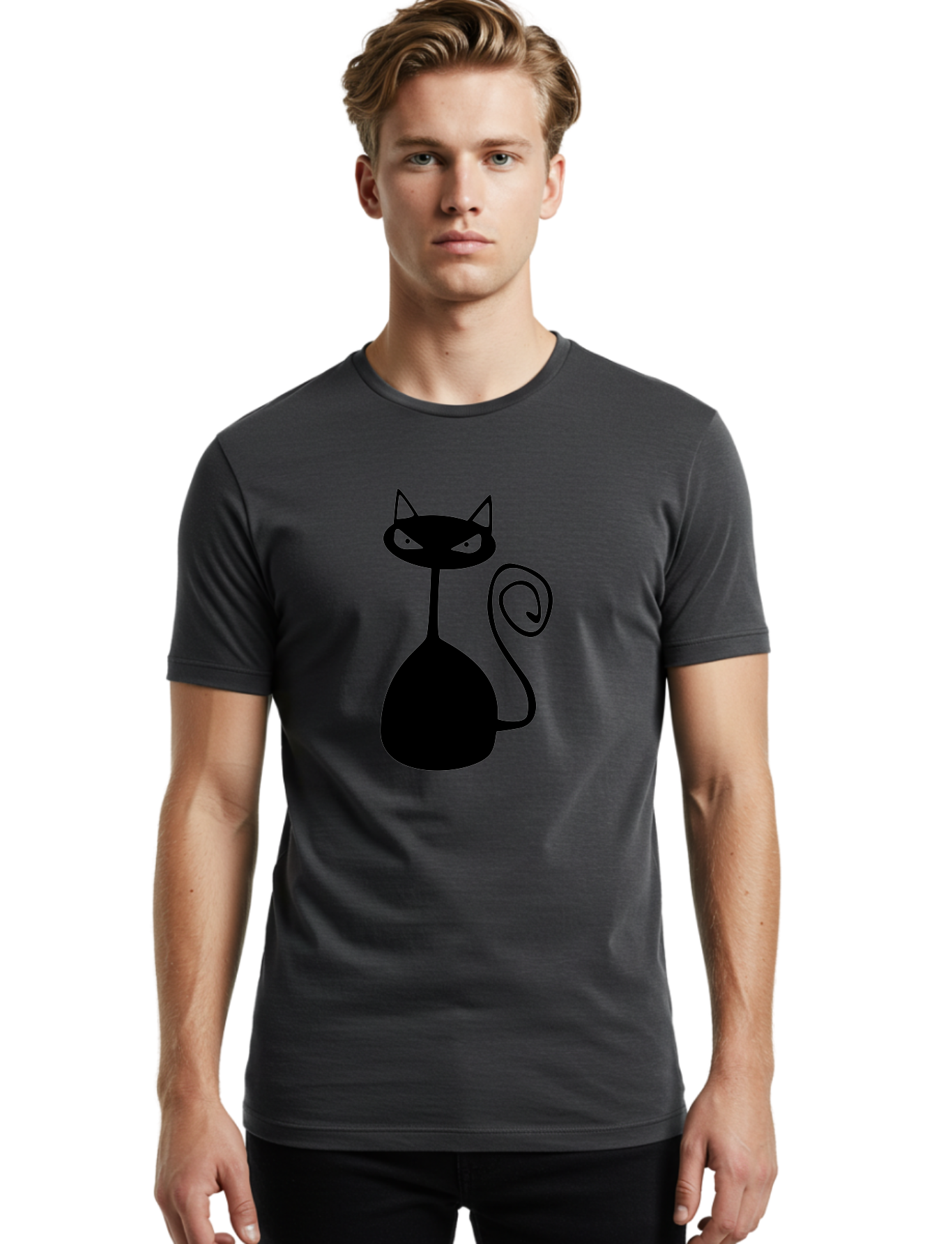 Black-Cat Men'S Graphic Tee, 100% Cotton, Comfortable Casual Summer Wear, Machine Washable, Black Cat Silhouette, Evil Cat, Green Eyes, Cartoon Style, Minimalist Design, Simple Shapes, Whimsical Art, Feline Illustration, Spooky Cat, Aab205
