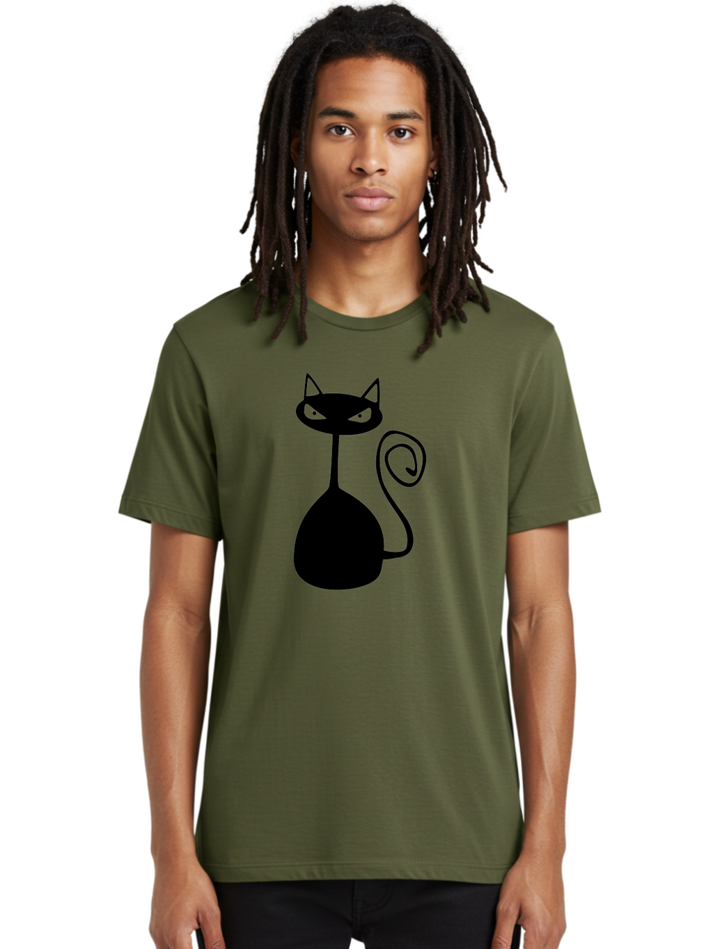 Black-Cat Men'S Graphic Tee, 100% Cotton, Comfortable Casual Summer Wear, Machine Washable, Black Cat Silhouette, Evil Cat, Green Eyes, Cartoon Style, Minimalist Design, Simple Shapes, Whimsical Art, Feline Illustration, Spooky Cat, Aab205