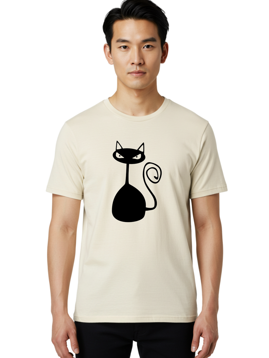 Black-Cat Men'S Graphic Tee, 100% Cotton, Comfortable Casual Summer Wear, Machine Washable, Black Cat Silhouette, Evil Cat, Green Eyes, Cartoon Style, Minimalist Design, Simple Shapes, Whimsical Art, Feline Illustration, Spooky Cat, Aab205