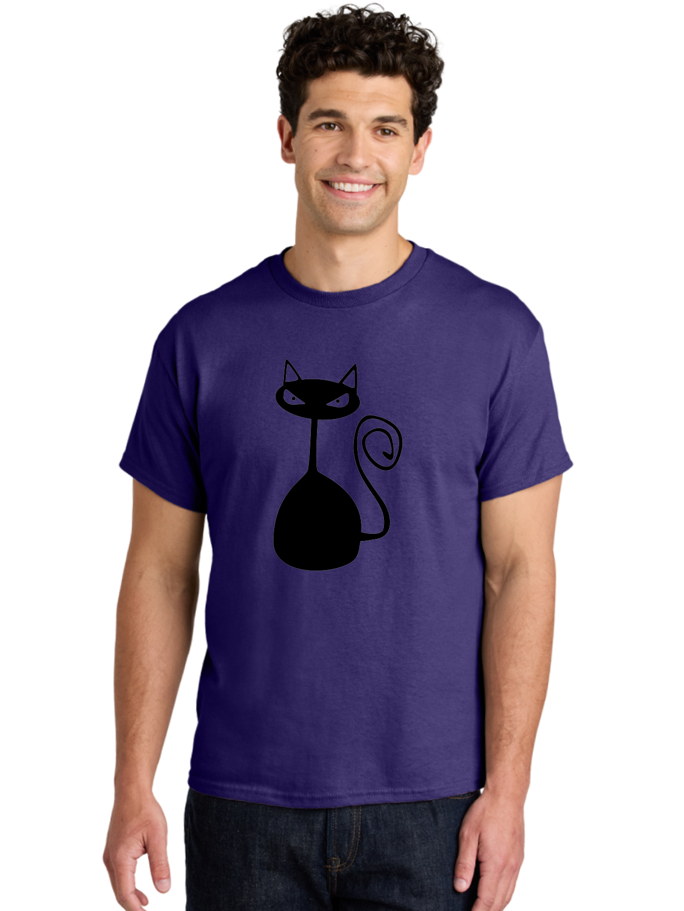 Black-Cat Men'S Graphic Tee, 100% Cotton, Comfortable Casual Summer Wear, Machine Washable, Black Cat Silhouette, Evil Cat, Green Eyes, Cartoon Style, Minimalist Design, Simple Shapes, Whimsical Art, Feline Illustration, Spooky Cat, Aab205