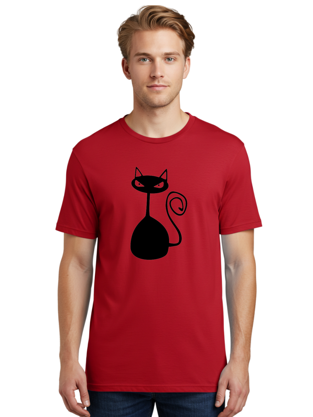 Black-Cat Men'S Graphic Tee, 100% Cotton, Comfortable Casual Summer Wear, Machine Washable, Black Cat Silhouette, Evil Cat, Green Eyes, Cartoon Style, Minimalist Design, Simple Shapes, Whimsical Art, Feline Illustration, Spooky Cat, Aab205