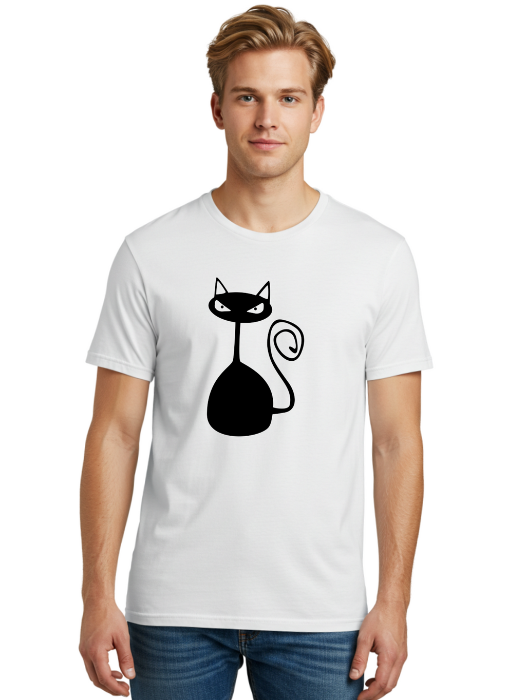 Black-Cat Men'S Graphic Tee, 100% Cotton, Comfortable Casual Summer Wear, Machine Washable, Black Cat Silhouette, Evil Cat, Green Eyes, Cartoon Style, Minimalist Design, Simple Shapes, Whimsical Art, Feline Illustration, Spooky Cat, Aab205
