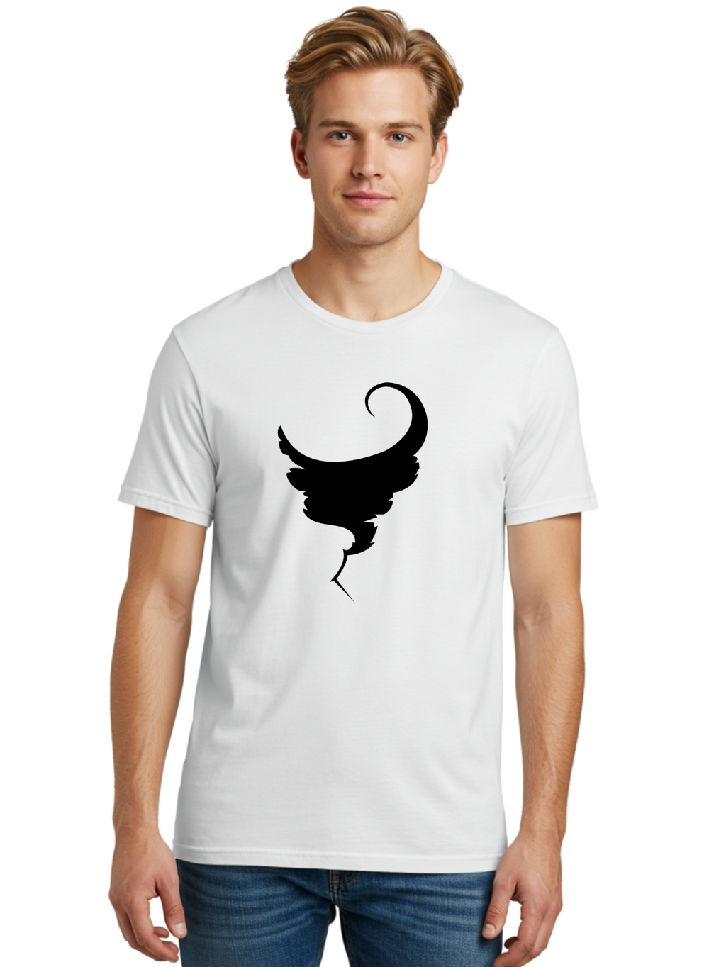 Black-Feather-Silhouette Men'S Graphic Tee, 100% Cotton, Comfortable Casual Summer Wear, Machine Washable, Feather Icon, Black Silhouette, Majestic Wing, Elegant Design, Symbolic Imagery, Minimalist Art, Stylized Feather, Modern Graphic Aab206