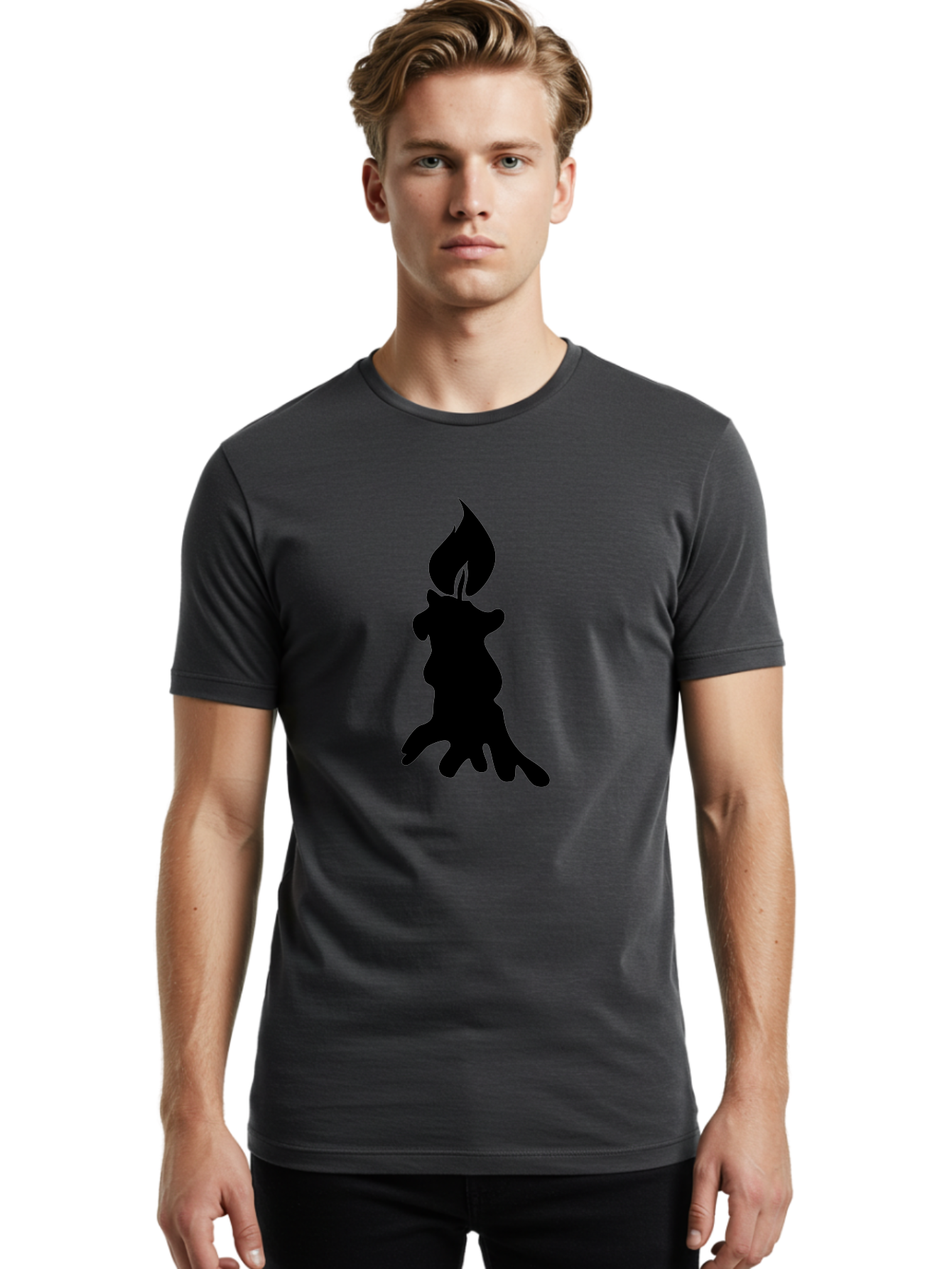 Candle-Silhouette Men'S Graphic Tee, 100% Cotton, Comfortable Casual Summer Wear, Machine Washable, Candle Silhouette, Wax Drips, Flame Icon, Minimalist Design, Simple Graphics, Candlelight Ambiance, Soothing Atmosphere, Warm Glow Aab207