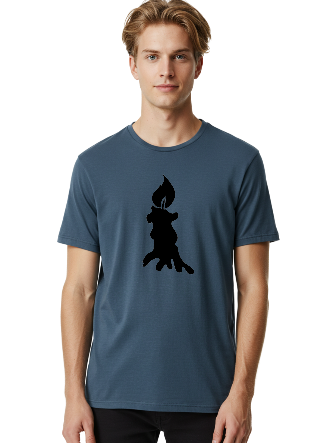 Candle-Silhouette Men'S Graphic Tee, 100% Cotton, Comfortable Casual Summer Wear, Machine Washable, Candle Silhouette, Wax Drips, Flame Icon, Minimalist Design, Simple Graphics, Candlelight Ambiance, Soothing Atmosphere, Warm Glow Aab207