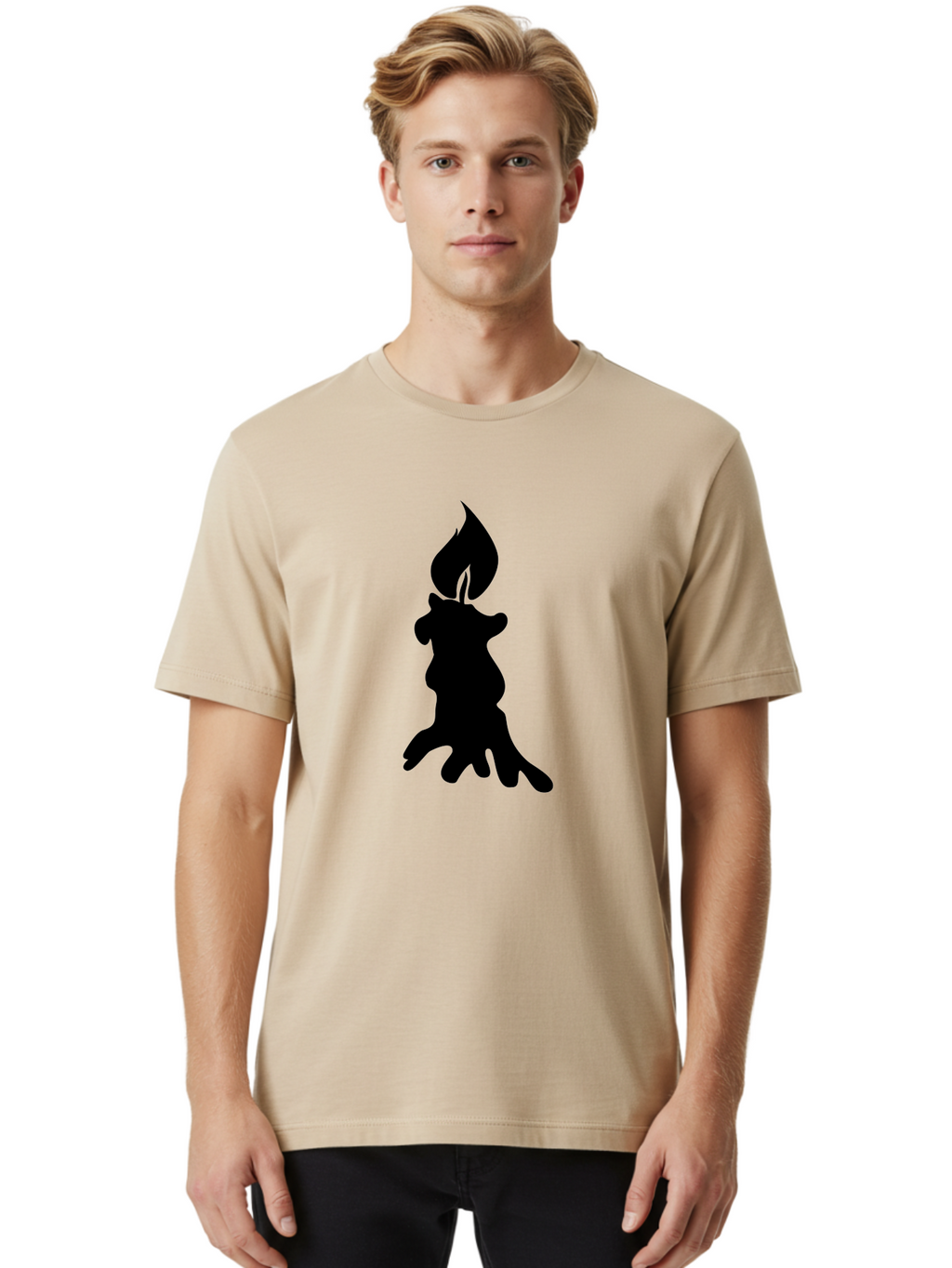 Candle-Silhouette Men'S Graphic Tee, 100% Cotton, Comfortable Casual Summer Wear, Machine Washable, Candle Silhouette, Wax Drips, Flame Icon, Minimalist Design, Simple Graphics, Candlelight Ambiance, Soothing Atmosphere, Warm Glow Aab207