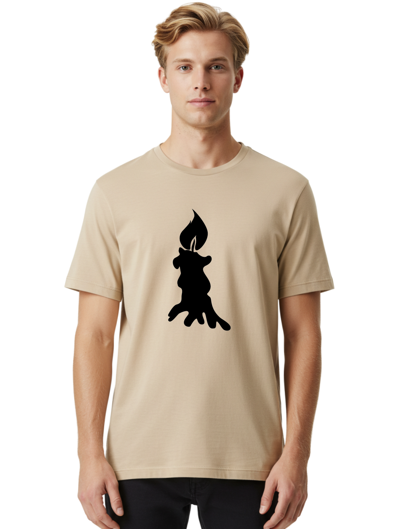 Candle-Silhouette Men'S Graphic Tee, 100% Cotton, Comfortable Casual Summer Wear, Machine Washable, Candle Silhouette, Wax Drips, Flame Icon, Minimalist Design, Simple Graphics, Candlelight Ambiance, Soothing Atmosphere, Warm Glow Aab207
