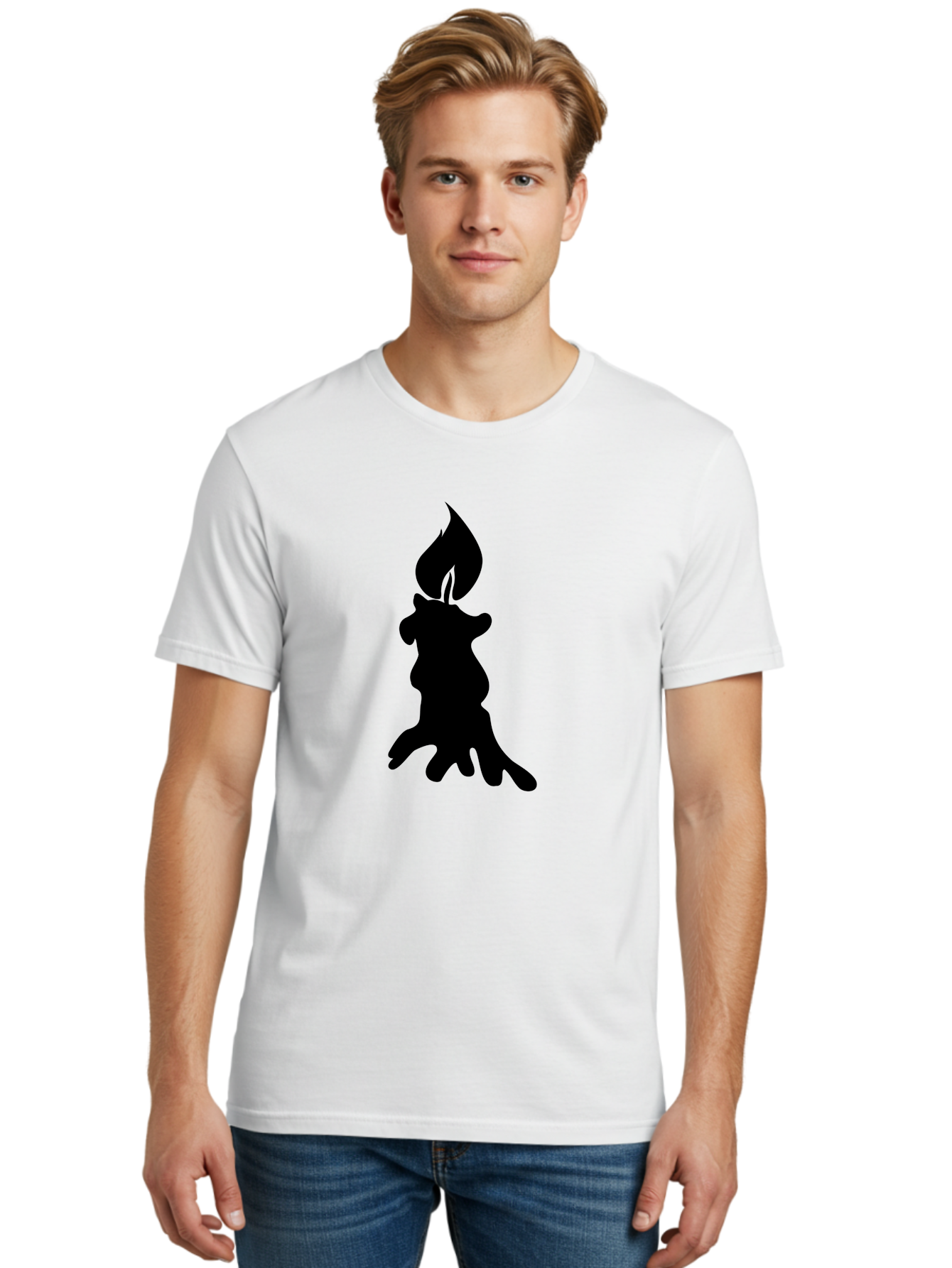 Candle-Silhouette Men'S Graphic Tee, 100% Cotton, Comfortable Casual Summer Wear, Machine Washable, Candle Silhouette, Wax Drips, Flame Icon, Minimalist Design, Simple Graphics, Candlelight Ambiance, Soothing Atmosphere, Warm Glow Aab207