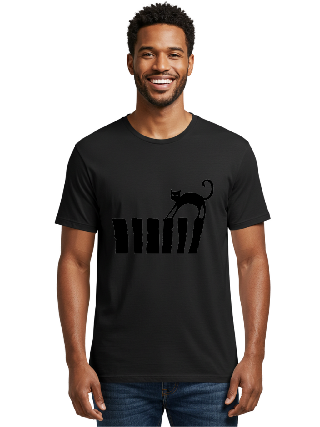 Cat-On-Fence Men'S Graphic Tee, 100% Cotton, Comfortable Casual Summer Wear, Machine Washable, Black Cat Silhouette, Feline Graphics, Cat On Fence, Whimsical Design, Minimalist Art, Cat Illustration, Modern Cat Graphic Aab208
