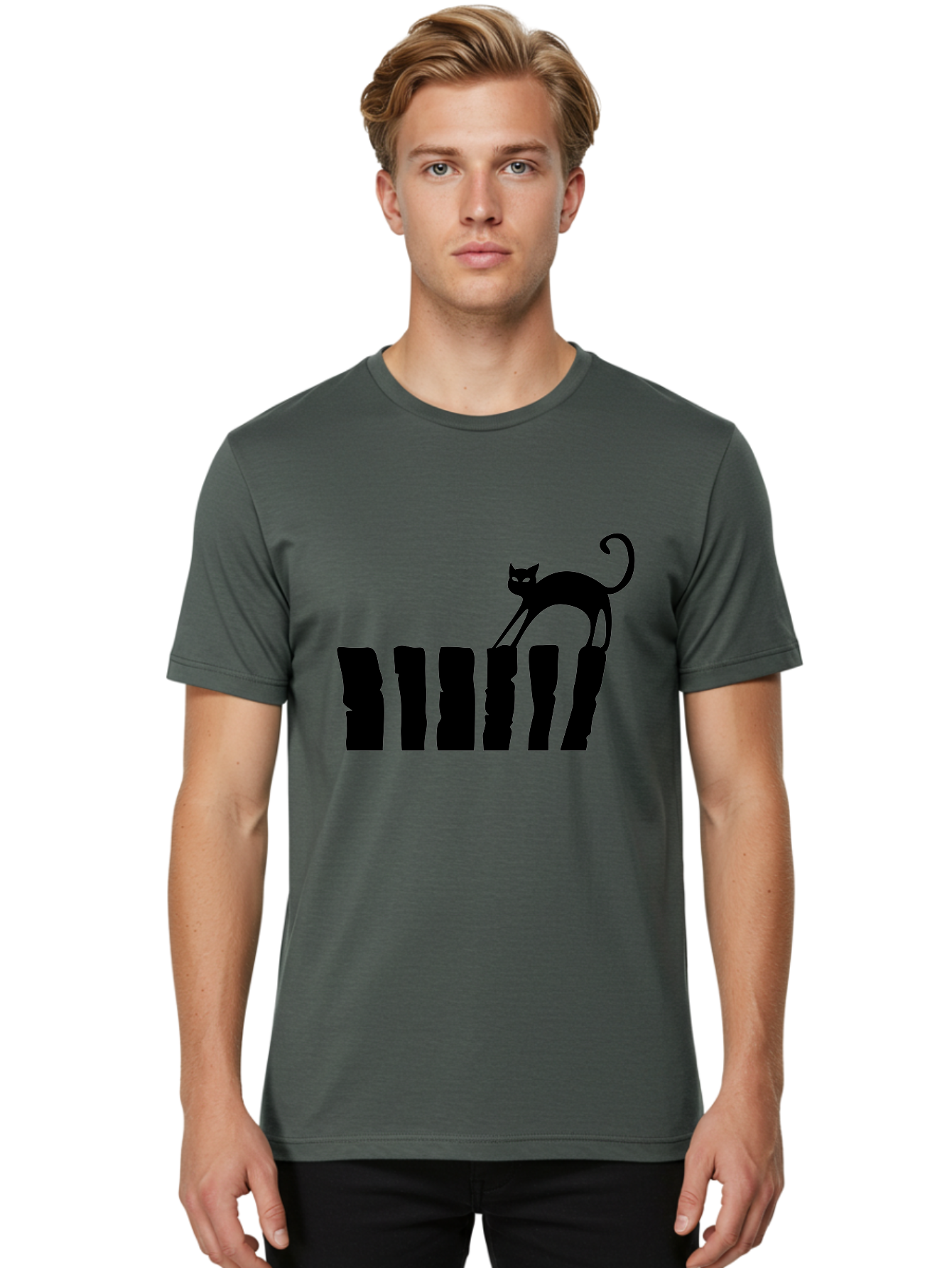 Cat-On-Fence Men'S Graphic Tee, 100% Cotton, Comfortable Casual Summer Wear, Machine Washable, Black Cat Silhouette, Feline Graphics, Cat On Fence, Whimsical Design, Minimalist Art, Cat Illustration, Modern Cat Graphic Aab208